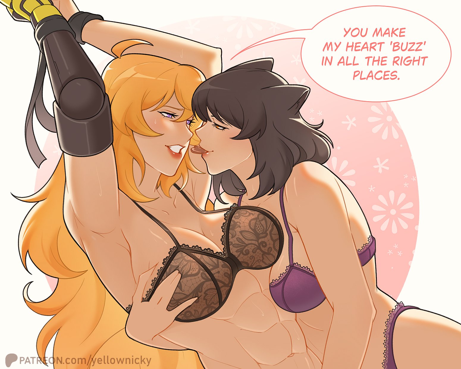 2026, 2d, 2d (artwork), 2girls, abs, artist name, black hair, blake belladonna, blonde hair, cat ears, chocolate, cleavage, english text, faunus, food, girls kissing, imminent kiss, lesbian focus, rwby, sharing chocolate, sharing food, six pack, text, yang xiao long, yellow nicky (artist), yuri