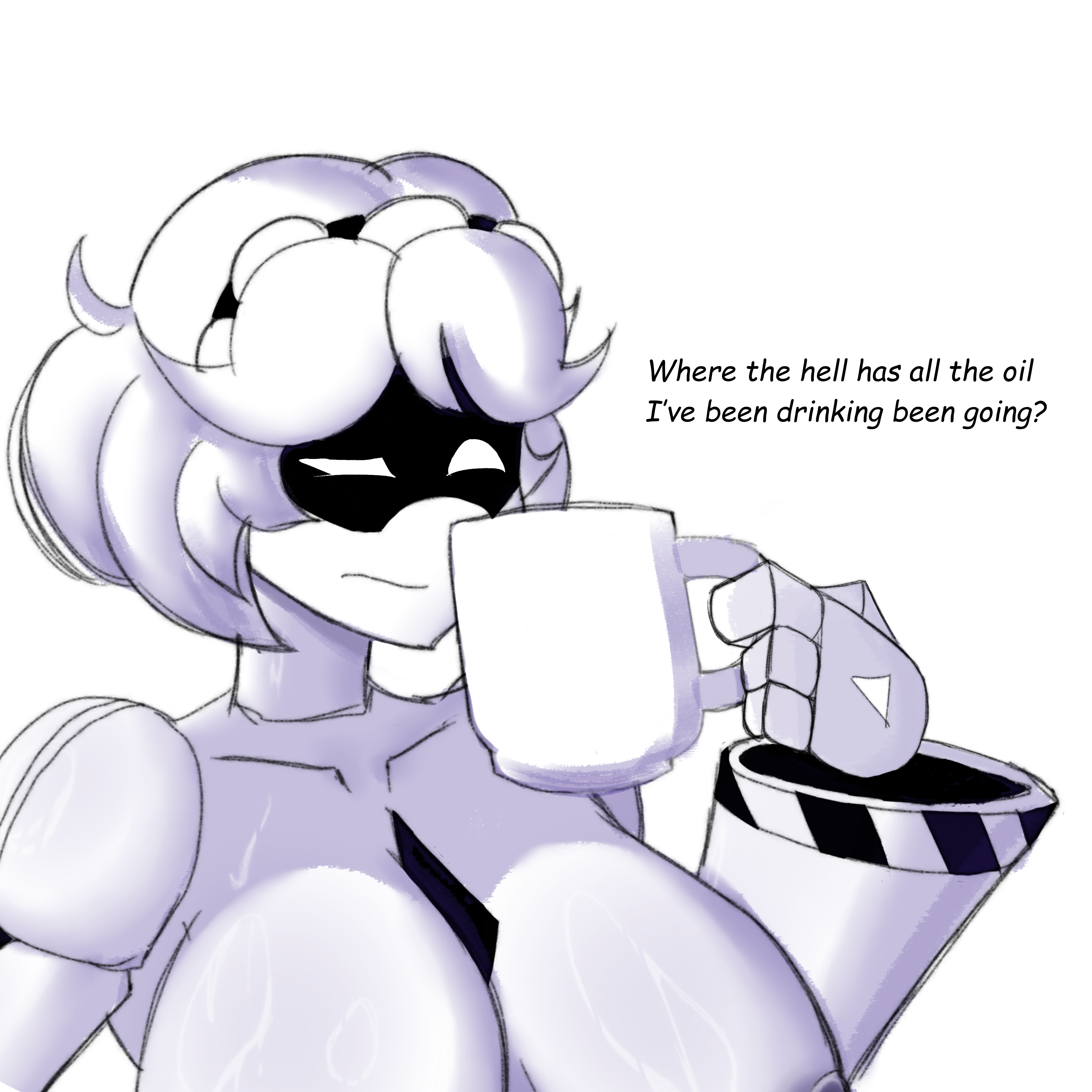 balljob, coffee, comic, futa only, futanari, hand on hip, hyper balls, hyper penis, mecatiuh, murder drones, oiled, precum, precum drip, robot girl, text, v (murder drones), white body