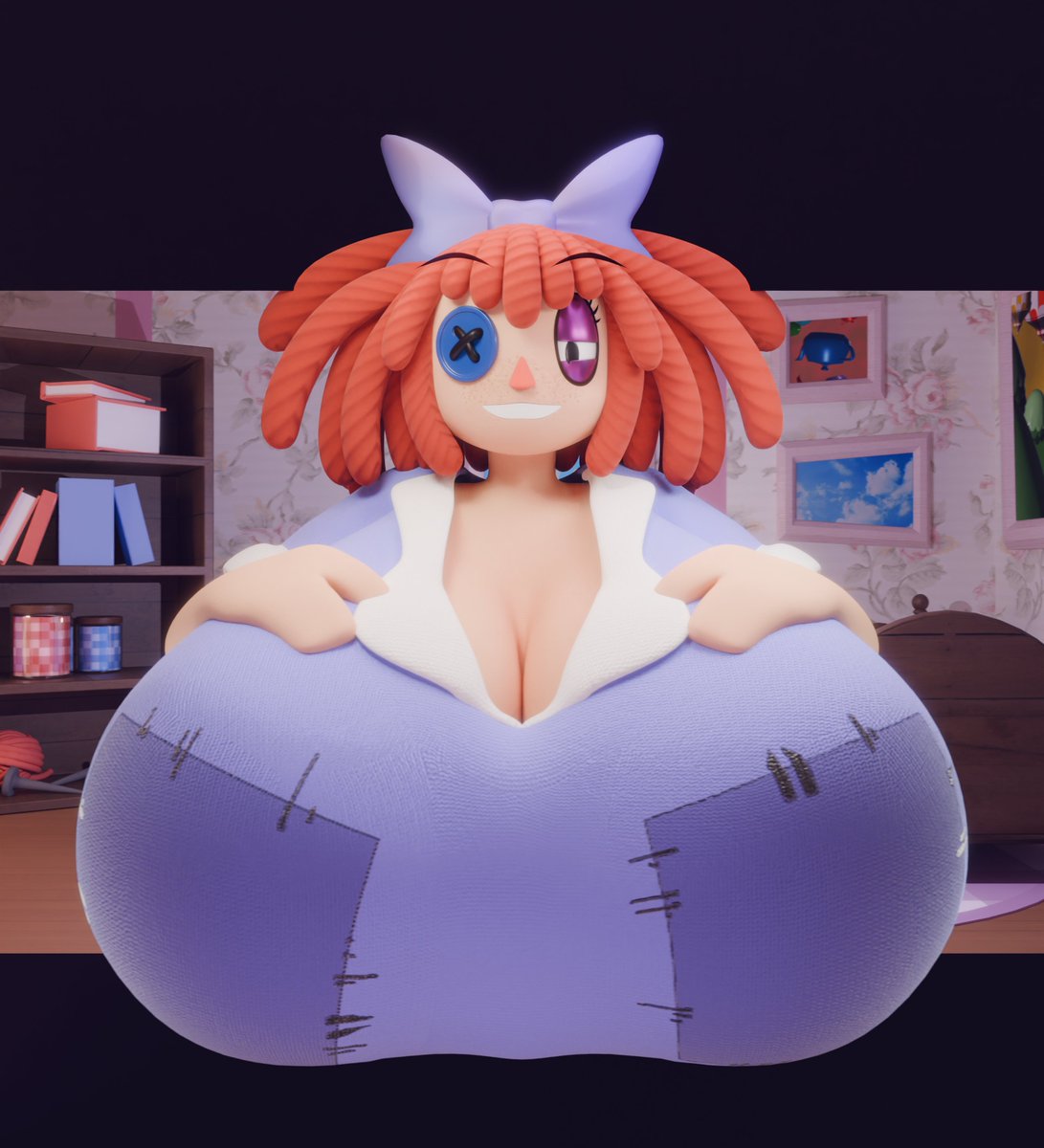 1girls, 3d, button eye, coolbeanoishere, doll, huge breasts, hyper breasts, looking at viewer, purple bow, purple clothing, ragatha (the amazing digital circus), red hair, solo, the amazing digital circus