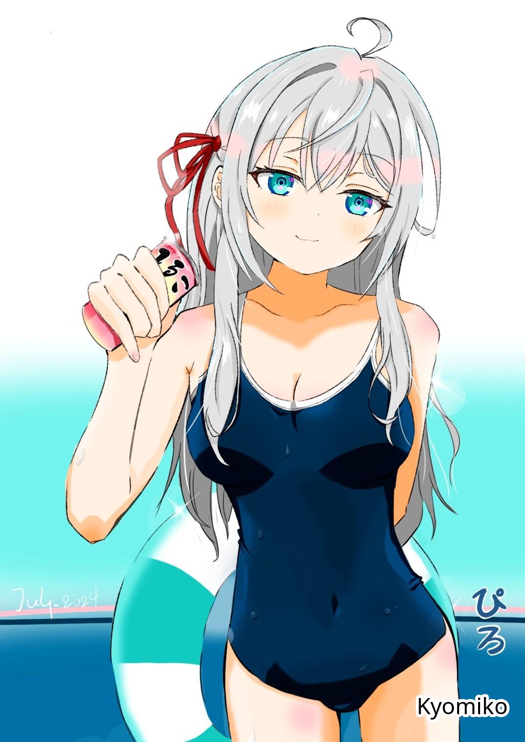 1girls, 2d, 2d (artwork), 2d artwork, ahoge, alisa mikhailovna kujou, arm behind back, bikini, blue background, blue bikini, blue eyes, blue one-piece swimsuit, blue swimsuit, blue swimwear, blue-eyed female, breasts, cleavage, closed mouth smile, collarbone, digital, digital art, digital drawing, digital drawing (artwork), digital media, digital media (artwork), drawing, e-cup breasts, elbows, eyebrows visible through hair, female, female focus, female only, fingers, groin, hair between eyes, hand behind back, head tilt, high resolution, high school student, highres, kyomiko, large breasts, lean figure, light smile, long hair, looking at viewer, narrow waist, one-piece swimsuit, russian female, school girl, school swimsuit, shoulders, silver hair, silver hair female, silver-haired female, simple background, slender body, slender waist, slim female, slim waist, smile, smiley face, smiling, smiling at viewer, solo, standing, sukumizu, swimsuit, swimwear, teen girl, teenage girl, teenage tits, teenager, thigh gap, thighs, tilted head, tokidoki bosotto russian de dereru tonari no alya-san, white background, young female, young woman