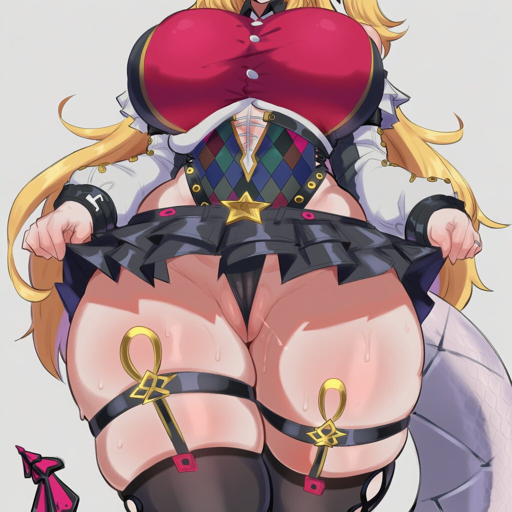 1girls, ai generated, black legwear, black leotard, black thighhighs, blonde hair, cissia (zenless zone zero), cleavage, curvy, exposed shoulders, female only, hand on breast, hand on hip, hoyoverse, hydra ai, large breasts, large thighs, leotard, long sleeves, mihoyo, miniskirt, nipple bulge, red eyes, shiny clothes, shiny skin, skindentation, skirt, skirt lift, skirt lifted by self, smirk, snake, snake tail, solo, thick thighs, thighhighs, white background, wide hips, wide thighs, wink, winking at viewer, zenless zone zero