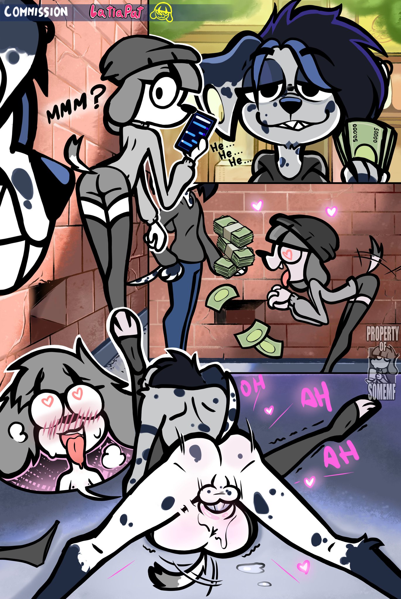 1boy, 1boy1girl, 1girls, 2020s, 2026, anthro, anthro on anthro, anthro penetrated, anthro penetrating, anthro penetrating anthro, balls, beanie hat, black beanie, blue hair, brick wall, dalmatian, dialogue, fifi (somemf), grey hair, grey sweater, heart-shaped pupils, la tiapat, missionary, missionary position, money, mouth open, outdoor nudity, outdoors, outside, outside nudity, outside sex, paying, poodle, streets, tagme, testicles, white body, white fur, white skin
