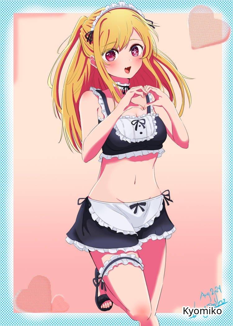 1girls, 2d, 2d (artwork), 2d artwork, average breasts, belly, belly button, black footwear, black sandals, blush, blush face, blushing at viewer, blushing female, breasts, busty, busty female, cleavage, collarbone, curvaceous, curvaceous body, curvaceous female, curvaceous figure, curvaceous hips, curvaceous teenager, curvy, curvy body, curvy female, curvy figure, curvy hips, curvy teen, cute face, cute female, cute girl, digital, digital art, digital drawing, digital drawing (artwork), digital media, digital media (artwork), drawing, elbows, eyebrows visible through hair, female, female focus, female only, fingers, footwear, heart hands, high resolution, highres, hoshino ruby, inguinal crease, inguinal ligament, knees, kyomiko, lean figure, long hair, looking at viewer, maid, maid apron, maid bikini, maid cap, maid dress, maid headdress, maid outfit, maid uniform, medium breasts, midriff, milf, multicolored eyes, multicolored hair, narrow waist, navel, one side up, open mouth, orange background, oshi no ko, parted lips, pink background, pink eyes, pink hair, pink hair female, pink-eyed female, posing, posing for the viewer, purple eyebrows, purple eyes, purple hair, purple-eyed female, purple-haired female, ruby hoshino, sandals, shoulders, simple background, slender body, slender waist, slim female, slim waist, solo, standing, star eyes, star-shaped pupils, thighs, tongue, upper body, wide hips