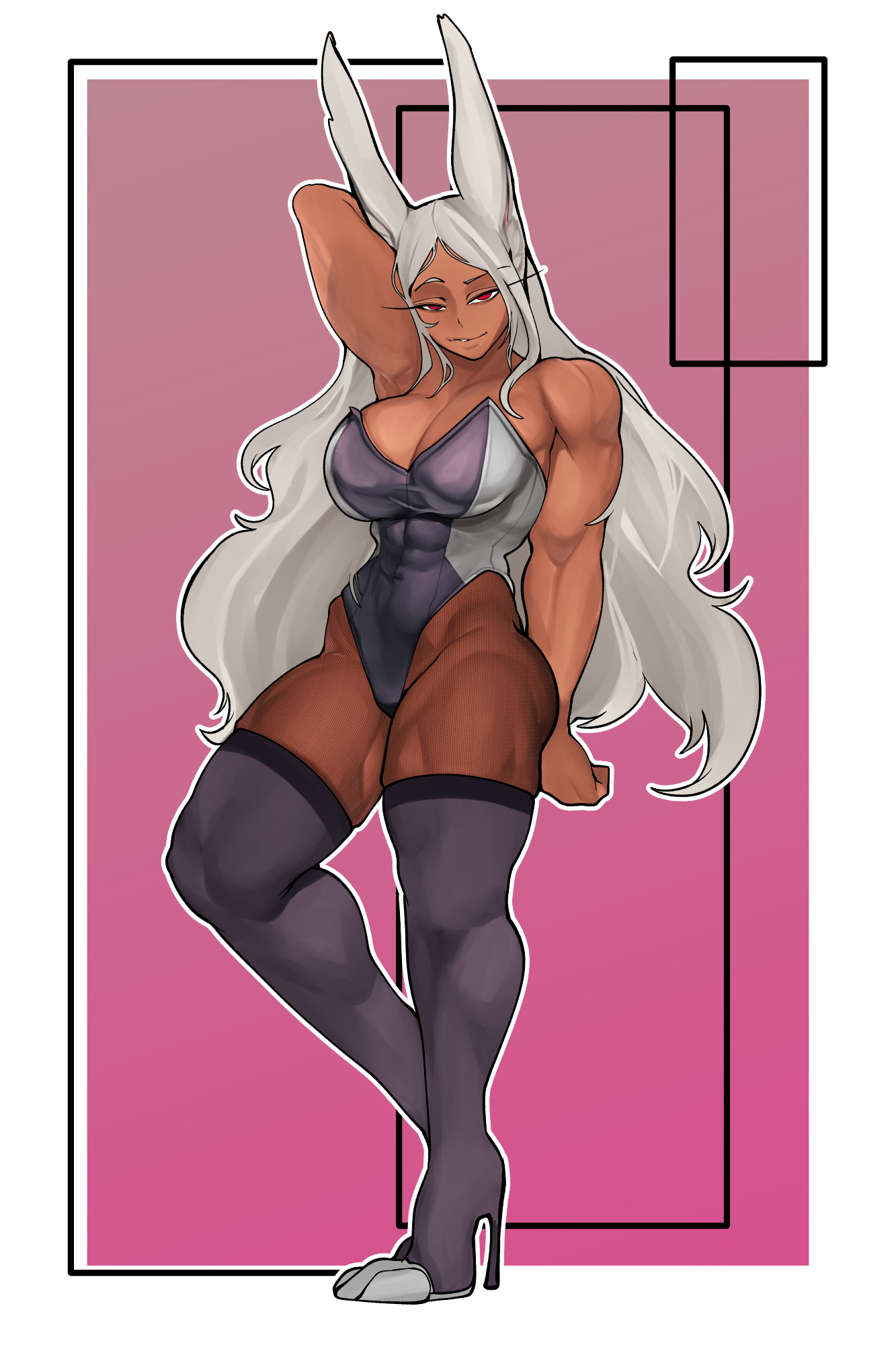 1girls, alternate costume, alternate hairstyle, animal ears, armpits, ass, bare shoulders, big breasts, boots, breasts, brothbowl, bunny ears, cleavage, clothing, curvy, dark skin, dark-skinned female, eyelashes, female, female focus, female only, full body, grey hair, half-closed eyes, high heel boots, high heels, highres, hips, human, large breasts, legwear, leotard, looking at viewer, messy hair, miruko, muscular, muscular female, my hero academia, one arm up, pantyhose, parted bangs, parted lips, pink background, pinup, red eyes, revealing clothes, rumi usagiyama, seductive, sidelocks, simple background, skimpy, skindentation, sleeveless, smile, solo, solo female, strapless, strapless leotard, thick thighs, thigh boots, thighhighs, thighs, very long hair, voluptuous, white border, wide hips