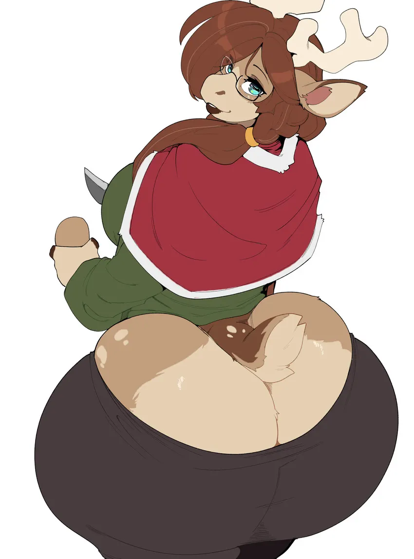 animal ears, animal tail, anthro, anthro female, anthro focus, anthro only, antlers, ass, ass cleavage, ass crack, back view, big ass, big breasts, blue eyes, bottomwear, bottomwear halfway down, breasts, brown fur, brown hair, butt cleavage, butt crack, caribou, faizenek, fat ass, female, female anthro, female focus, female only, furry, furry female, furry only, glasses, holding object, huge ass, inu-sama, large ass, large breasts, long hair, long sleeves, looking at viewer, looking back, looking back at viewer, looking up, looking up at viewer, object in hand, pants, phat ass, shirt, siobhan (inu-sama), smile, smile at viewer, smiling at viewer, solo, solo anthro, solo female, solo focus, tagme, the dogsmith, thick ass, viewed from behind