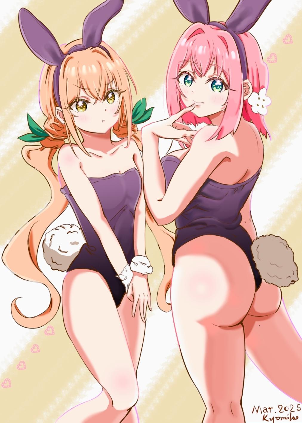:t, 2d, 2d (artwork), 2d artwork, 2girls, ass, ass cleavage, ass crack, backboob, big breasts, black bunny ears, black bunnysuit, black hairband, black leotard, black topwear, breasts, brown eyes, brown-eyed female, bunny ears, bunny tail, bunnygirl, bunnygirl outfit, bunnysuit, busty, busty female, busty girl, busty teen, busty teenager, cleavage, closed mouth smile, collarbone, curvaceous, curvaceous body, curvaceous female, curvaceous figure, curvaceous hips, curvaceous teenager, curvy, curvy ass, curvy body, curvy female, curvy figure, curvy hips, curvy teen, digital, digital art, digital drawing, digital drawing (artwork), digital media, digital media (artwork), drawing, elbows, eyebrows visible through hair, female, female focus, female only, fingers, flat belly, flat breasts, flat chest, flat chested, frown, frown eyebrows, frowning, frowning at viewer, ginger, ginger hair, gluteal fold, green eyes, green-eyed female, groin, hair between eyes, hanazono hakari, head tilt, high resolution, highres, hourglass figure, inda karane, inguinal crease, inguinal ligament, kimi no koto ga dai dai dai dai daisuki na 100-nin no kanojo, kneepits, knees, kyomiko, large boobs, large breasts, lean figure, leotard, long hair, looking at viewer, looking back, looking back at viewer, medium hair, multiple females, multiple girls, narrow waist, orange hair, orange hair female, orange-haired female, petite, petite body, petite breasts, petite female, petite girl, petite tits, pink hair, pink hair female, pink-haired female, pout, pouting, pouting at viewer, pouting lips, pouty lips, short hair, shoulders, simple background, slender body, slender waist, slim female, slim waist, small breasts, smile, smiley face, smiling, smiling at viewer, smooth chest, standing, teenage ass, teenage girl, teenage tits, teenager, thick ass, thick butt, thick thighs, thighs, tilted head, topwear, twintails, twintails (hairstyle), upper body, very long hair, very long hair female, voluptuous teenager, white background, white wrist cuffs, wide hips, wrist cuffs, yellow background