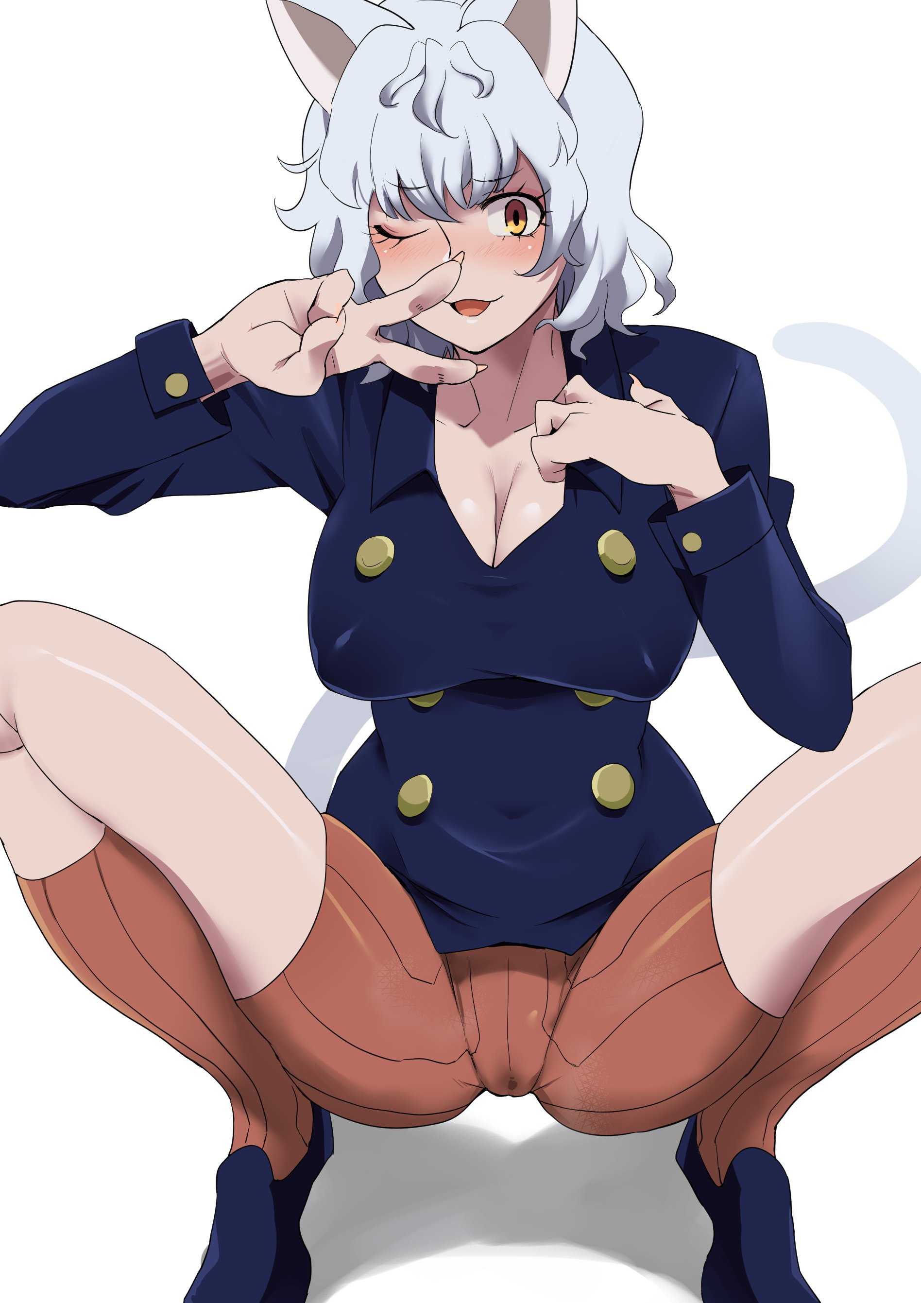 1girls, animal ears, big breasts, blush, breasts, cameltoe, cat ears, cat girl, chimera ant, female, female only, humanoid, hunter x hunter, light skin, light-skinned female, minakami, neferpitou, pale skin, pale-skinned female, peace sign, pussy, short hair, shounen jump, simple background, solo, squatting, villainess, wet pussy, white hair