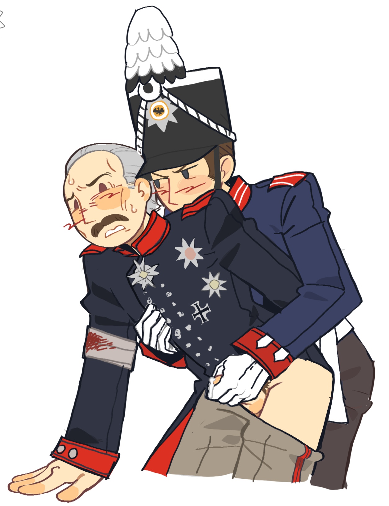 2boys, artist request, bandaged arm, blush, clothed, cum, gay, gay sex, gebhard leberecht von blücher, gloves, guts & blackpowder, guts and blackpowder, masturbation, older male, pants down, prussia, prussian officer (guts and blackpowder), pubic hair, real person, real person fiction, roblox, roblox game, small penis, source request, uniform