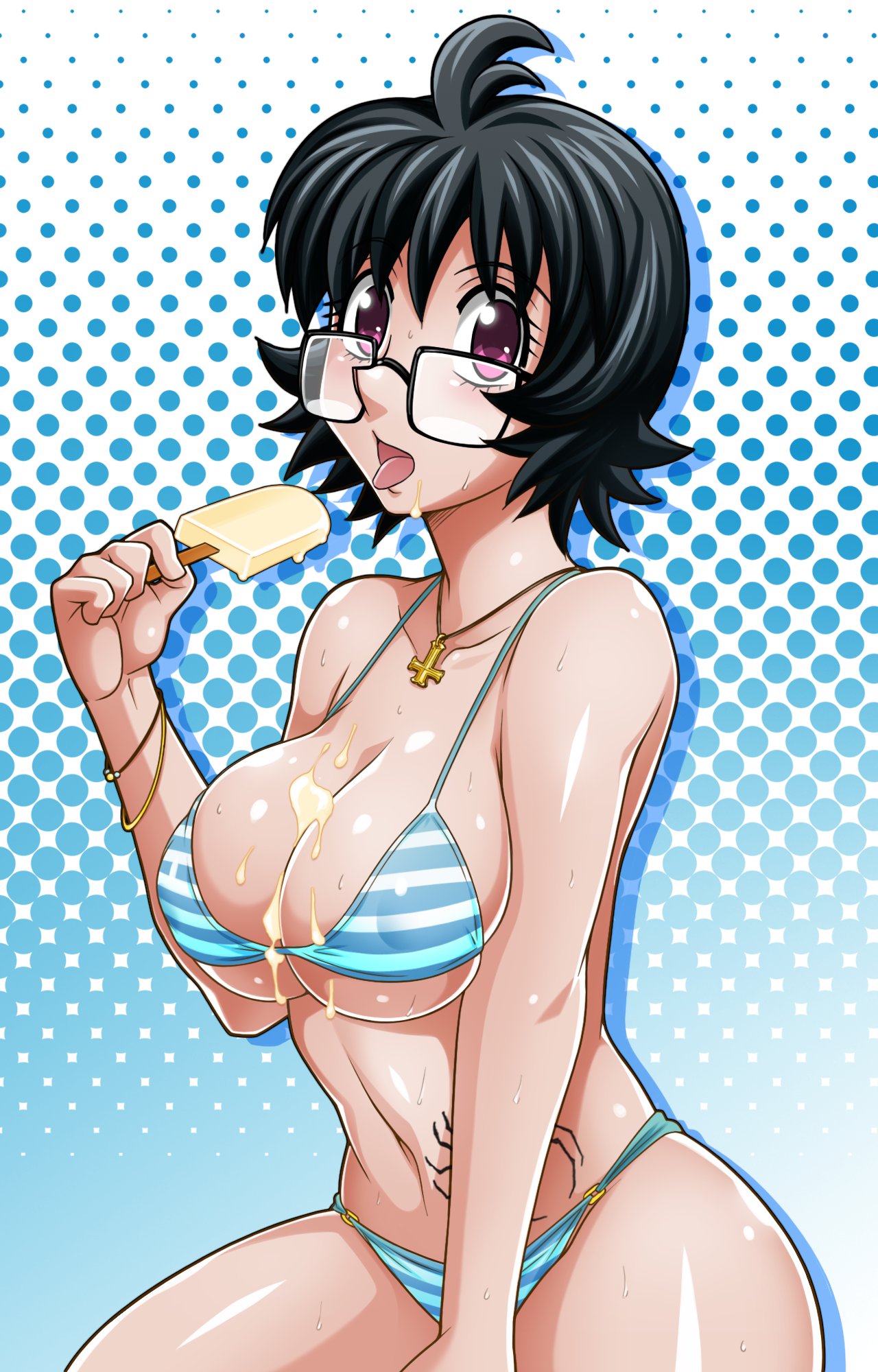 1girls big_breasts bikini black_hair breasts curvy female female_only glasses hoimin human hunter_x_hunter large_breasts pale-skinned_female pale_skin phantom_troupe popsicle shizuku_murasaki short_hair shounen_jump solo tagme tattoo upside_down_cross villainess wide_hips