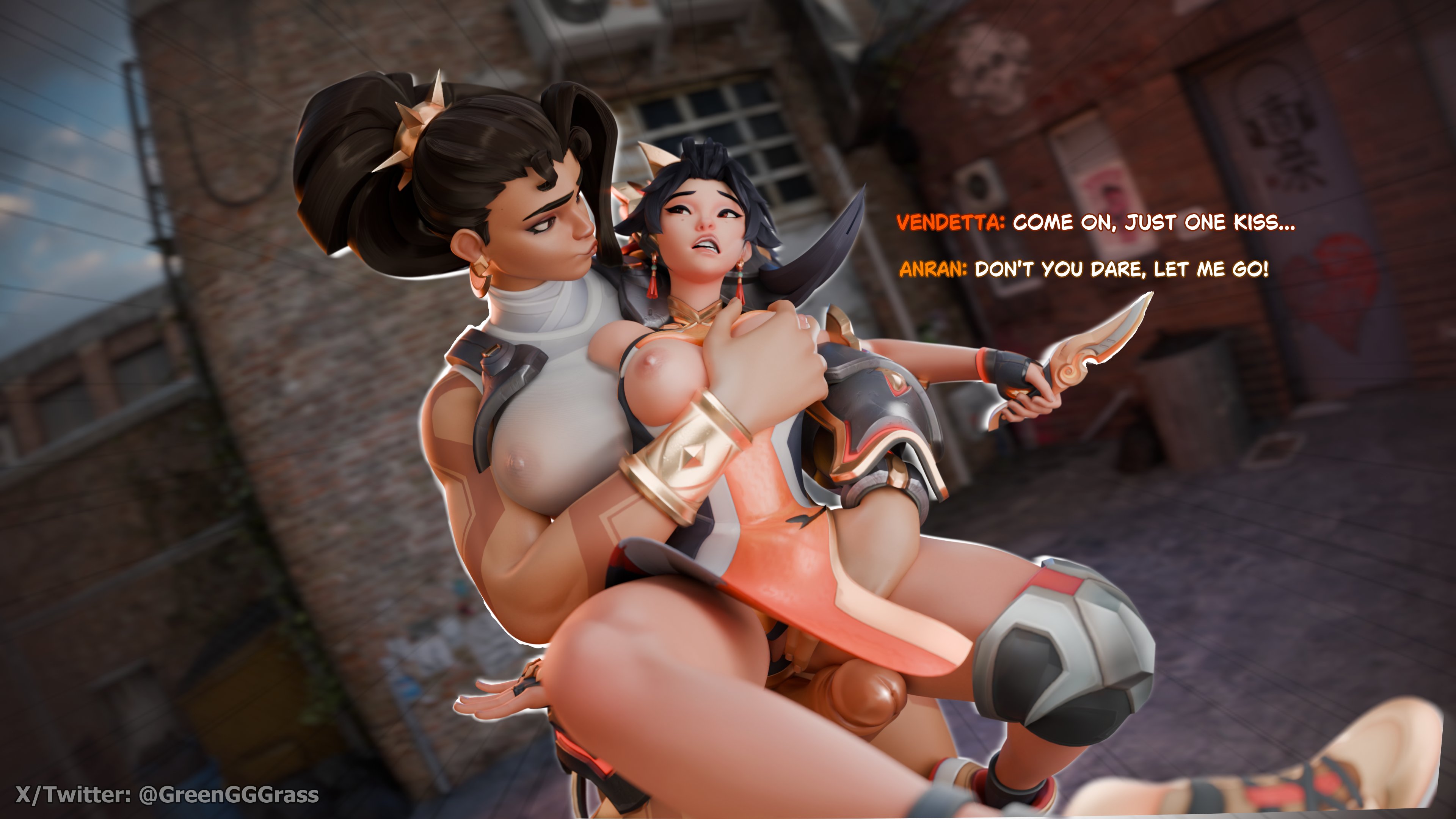 1futa, 1futa1girl, 1girls, 3d, 3d (artwork), anran, artist name, big breasts, big penis, blender, blender (software), blizzard entertainment, breast grab, dialogue, disgusted, disgusted expression, english text, erect penis, erection, female, femdom, futa domination, futa on female, futadom, futanari, greengrass, heroine in trouble, hires, holding weapon, imminent lesbian sex, imminent rape, imminent sex, kissing cheek, looking at partner, looking pleasured, overwatch, squeezing, squeezing breast, tagme, touching breast, touching pussy, vendetta, villain on hero, villainess, watermark