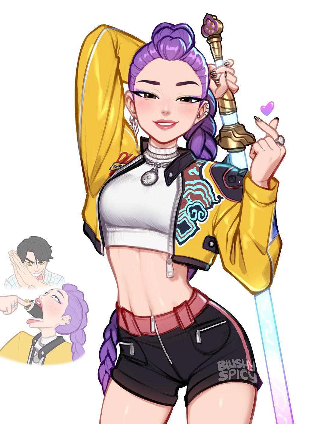 blushypixy, blushyspicy, braided hair, braided ponytail, clothed, crop top, ear piercing, earrings, female, finger heart, jacket, jinu (kpop demon hunters), kpop demon hunters, meme, purple hair, rumi (kpop demon hunters), shorts, sword, white background