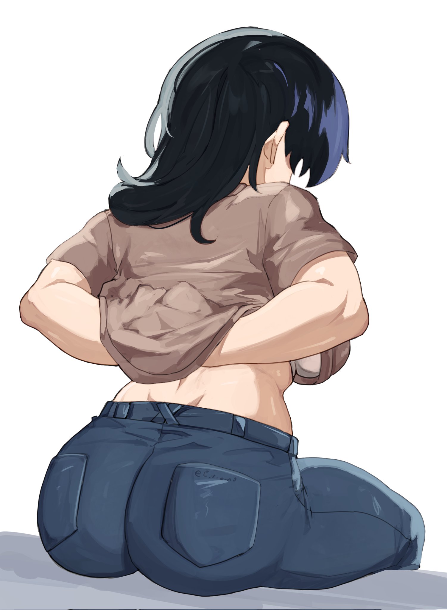 1girls, akihitoevon, arato nagi, big breasts, bra, facing away, female, jeans, long hair, ruri no houseki, shirt, shirt lift, sitting