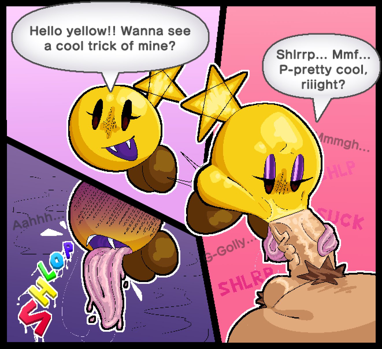 1boy, 1girls, breakcoreyuri, cheek bulge, deepthroat, dialogue, fangs, female, long tongue, male, mario (series), mario and luigi (series), mario and luigi: bowser's inside story, nintendo, starlow, text, tongue out, yellow skin