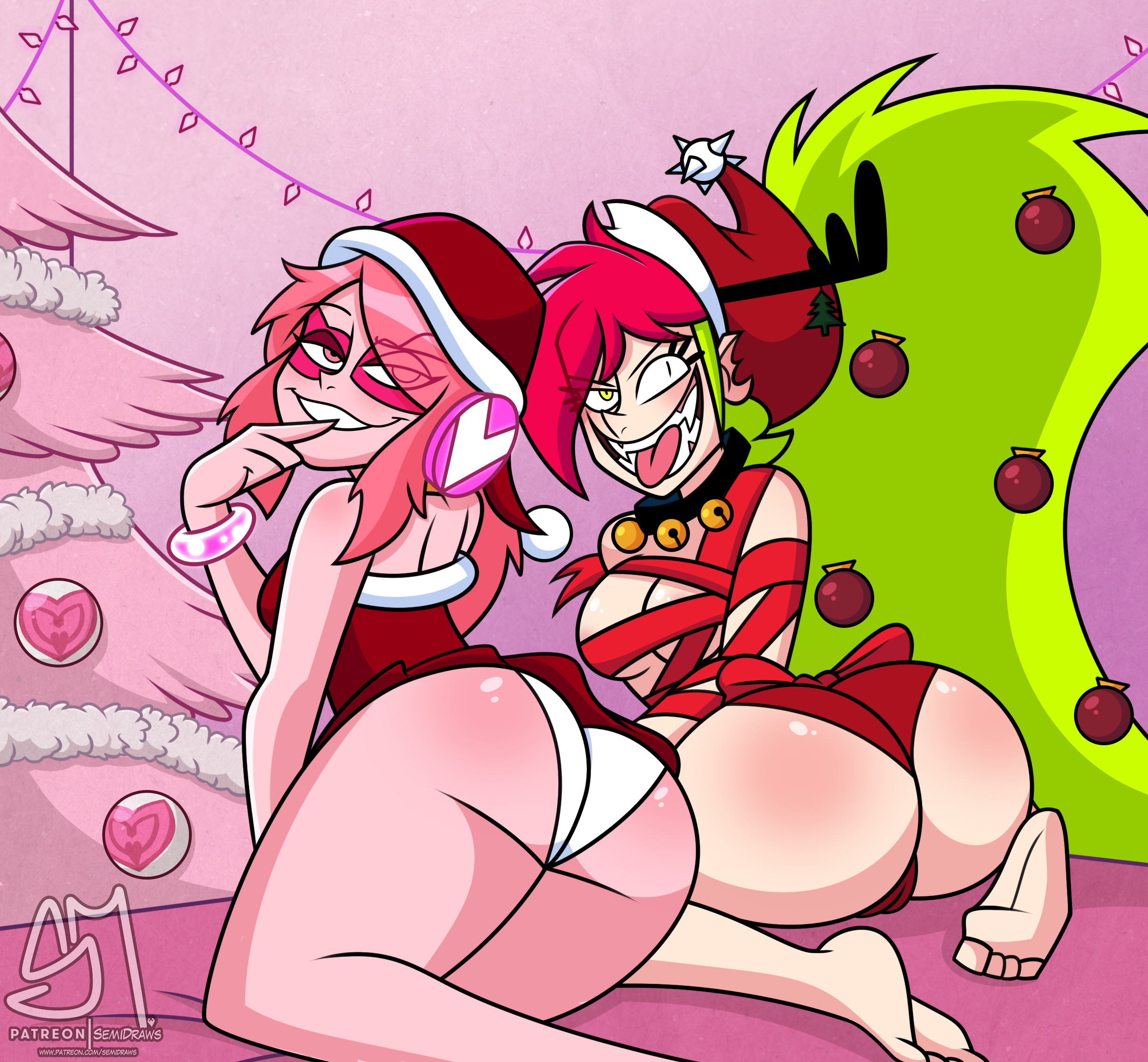 2girls, ass, barefoot, big ass, breasts, cartoon network, demencia (villainous), feet, female, female only, miss heed (villainous), panties, red panties, semidraws, soles, toes, villainous, wariza, white panties