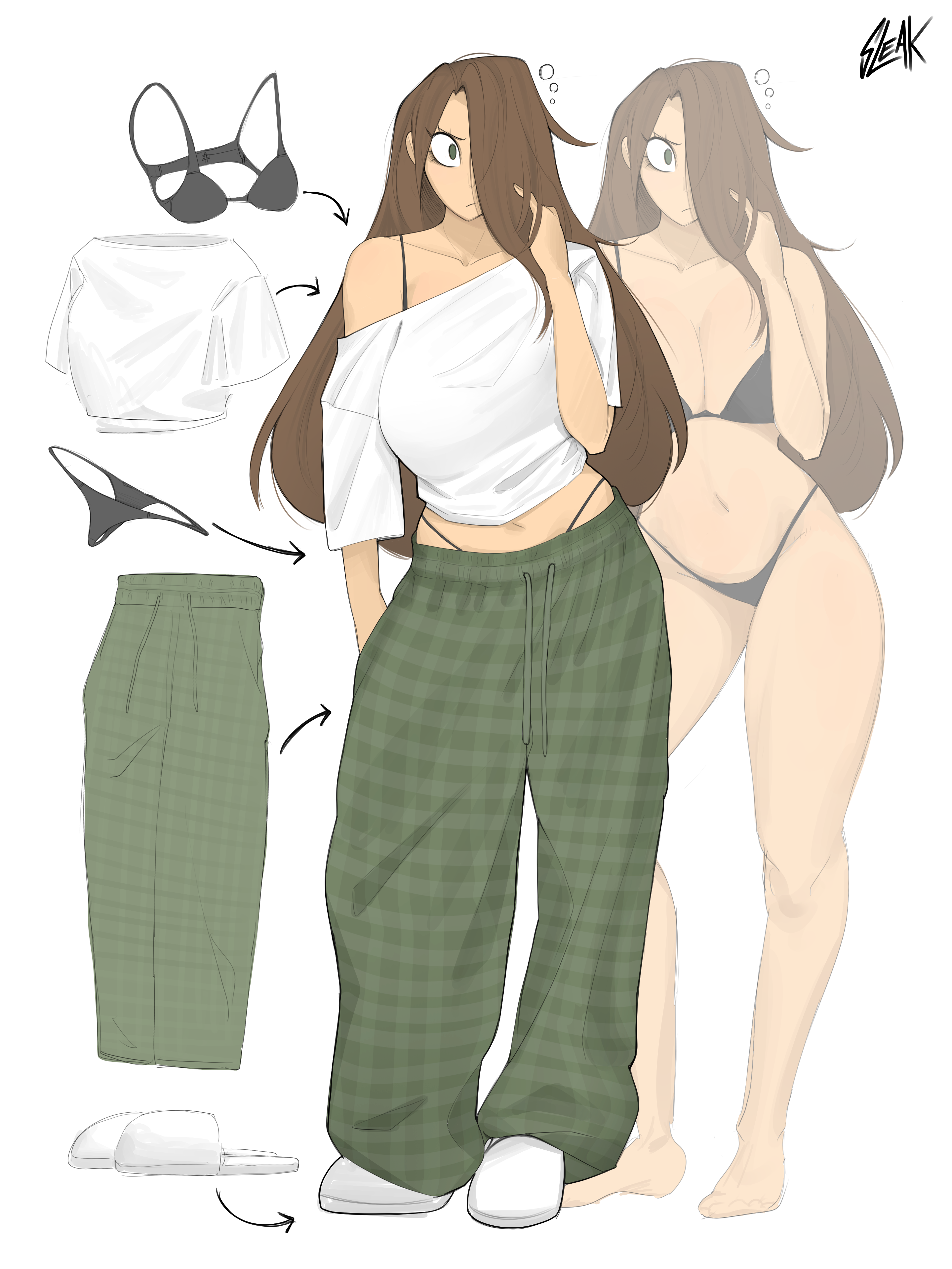 1girls, belly button, bra, breasts, brown hair, cleavage, dalia (sleakj3), female, female focus, hair over one eye, light skin, light-skinned female, lingerie, long hair, loose clothes, navel, original character, pajamas, panties, sleakj3, slippers, thighs, tummy