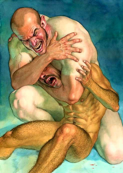 bald bara facial_hair hairy headlock male_only muscle muscles muscular naked nipple nipples pecs pectorals playermen sideburns