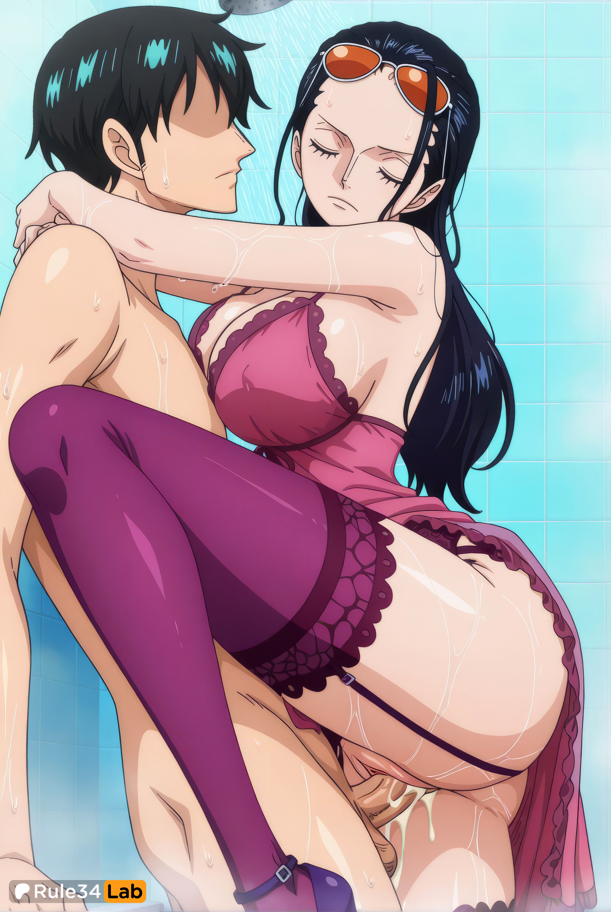 1boy, 1boy1girl, 1girls, ai generated, artist name, ass, babydoll, black hair, black-haired female, breast press, breasts, closed eyes, closed mouth, clothed sex, covered nipples, cum, cum in pussy, cum overflow, dress, erection, eyewear on head, faceless, faceless male, female, garter straps, hair slicked back, hi res, high heels, hug, large breasts, leg up, long hair, male, mixed-sex bathing, nico robin, no panties, nude, one piece, patreon logo, patreon username, penis, purple thighhighs, pussy, rule34lab, sex, shared bathing, short hair, shower (place), showering, standing, standing on one leg, standing sex, straight, sunglasses, sweat, testicles, thighhighs, thighs, tile wall, tiles, tinted eyewear, uncensored, underwear, vaginal penetration, vaginal sex, wet