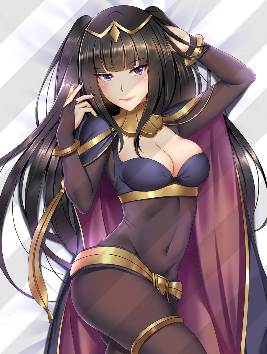 1girls ass bangs black_hair black_nails bodystocking book breasts cape cleavage dakimakura dakimakura_design female_only fire_emblem fire_emblem_awakening legs long_hair looking_at_viewer medium_breasts midriff moe_market nail_polish nintendo on_bed purple_eyes smile solo tharja_(fire_emblem) thighs