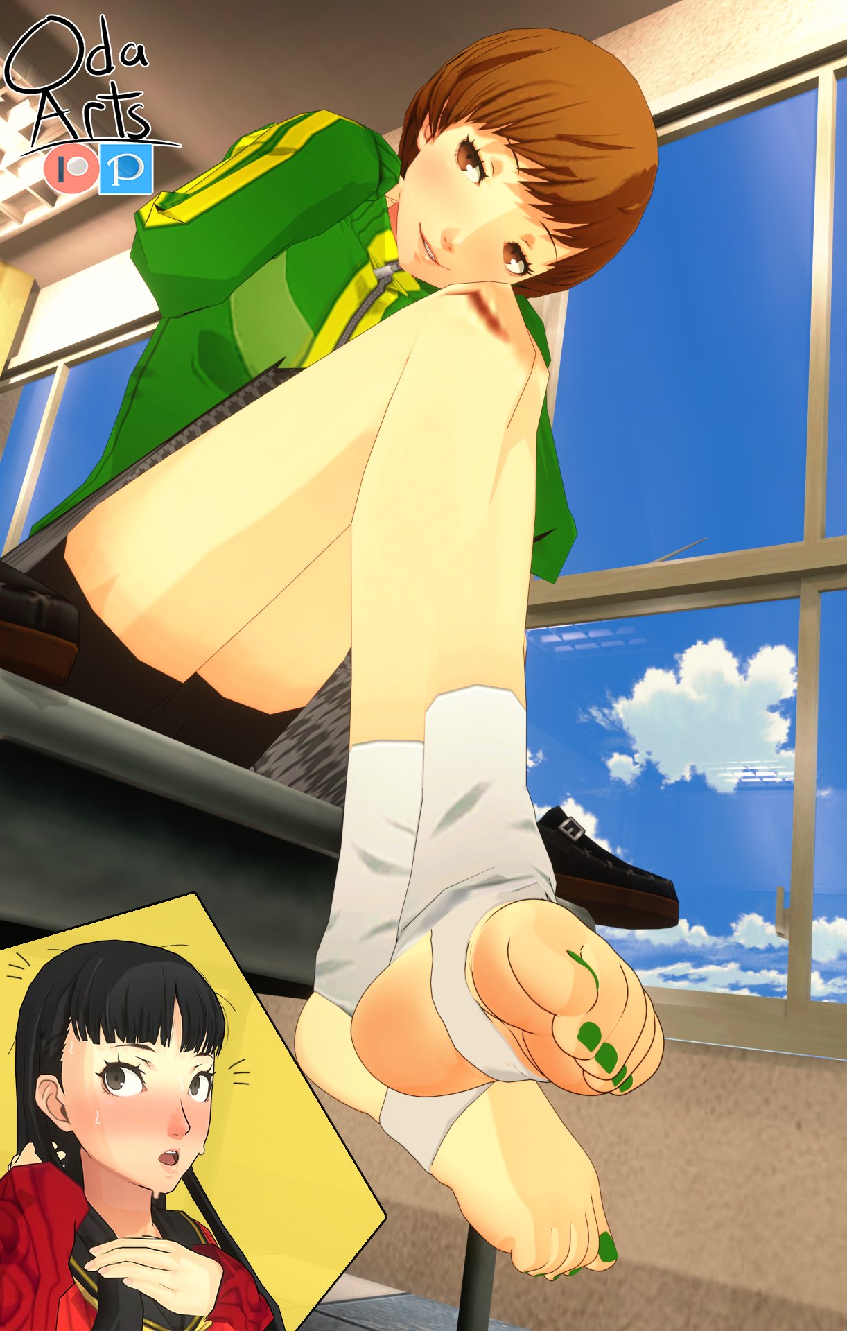 3d, 3d (artwork), amagi yukiko, atlus, chie satonaka, feet, feet focus, oda arts, persona, persona 4, satonaka chie, sega, shin megami tensei, soles, stirrup legwear, teasing, toes, toes scrunch, yukiko amagi, yuri