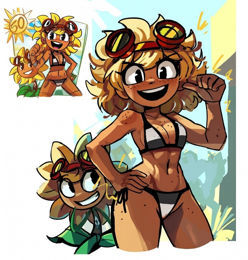 1girls, ai, ai art, ai assisted, ai generated, bikini, breasts, edit, grok, peargor, plants vs zombies, plants vs zombies: heroes, pvz heroes, solar flare (peargor), solar flare (pvz), sunflower (pvz)