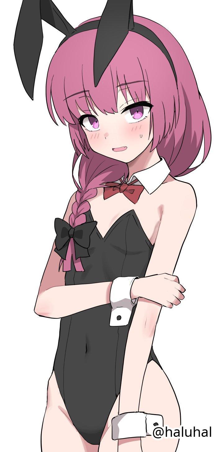 1girls, 2d, 2d (artwork), 2d artwork, adult, adult female, belly button, black bunny ears, black bunnysuit, black hairband, black leotard, black topwear, blush, blush face, blushing at viewer, blushing female, bocchi the rock!, bowtie, braid, braided hair, braided ponytail, braids, breasts, bunny ears, bunnygirl, bunnygirl outfit, bunnysuit, collar, collarbone, digital, digital art, digital drawing, digital drawing (artwork), digital media, digital media (artwork), drawing, elbows, eyebrows visible through hair, female, female focus, female only, fingers, flat belly, flat breasts, flat chest, flat chested, groin, haluhal, head tilt, high resolution, highres, hiroi kikuri, inguinal crease, inguinal ligament, lean figure, leotard, long hair, looking at viewer, mature, mature female, narrow waist, open mouth, parted lips, petite, petite body, petite breasts, petite female, petite girl, petite tits, ponytail, purple eyes, purple hair, purple-eyed female, purple-haired female, questionable, red bowtie, shoulders, simple background, single braid, skinny, skinny female, skinny girl, skinny waist, slender body, slender waist, slim female, slim waist, small breast, small breasts, smooth chest, solo, standing, thighs, tilted head, tiny breasts, tongue, topwear, upper body, white background, white collar, white wrist cuffs, wrist cuffs