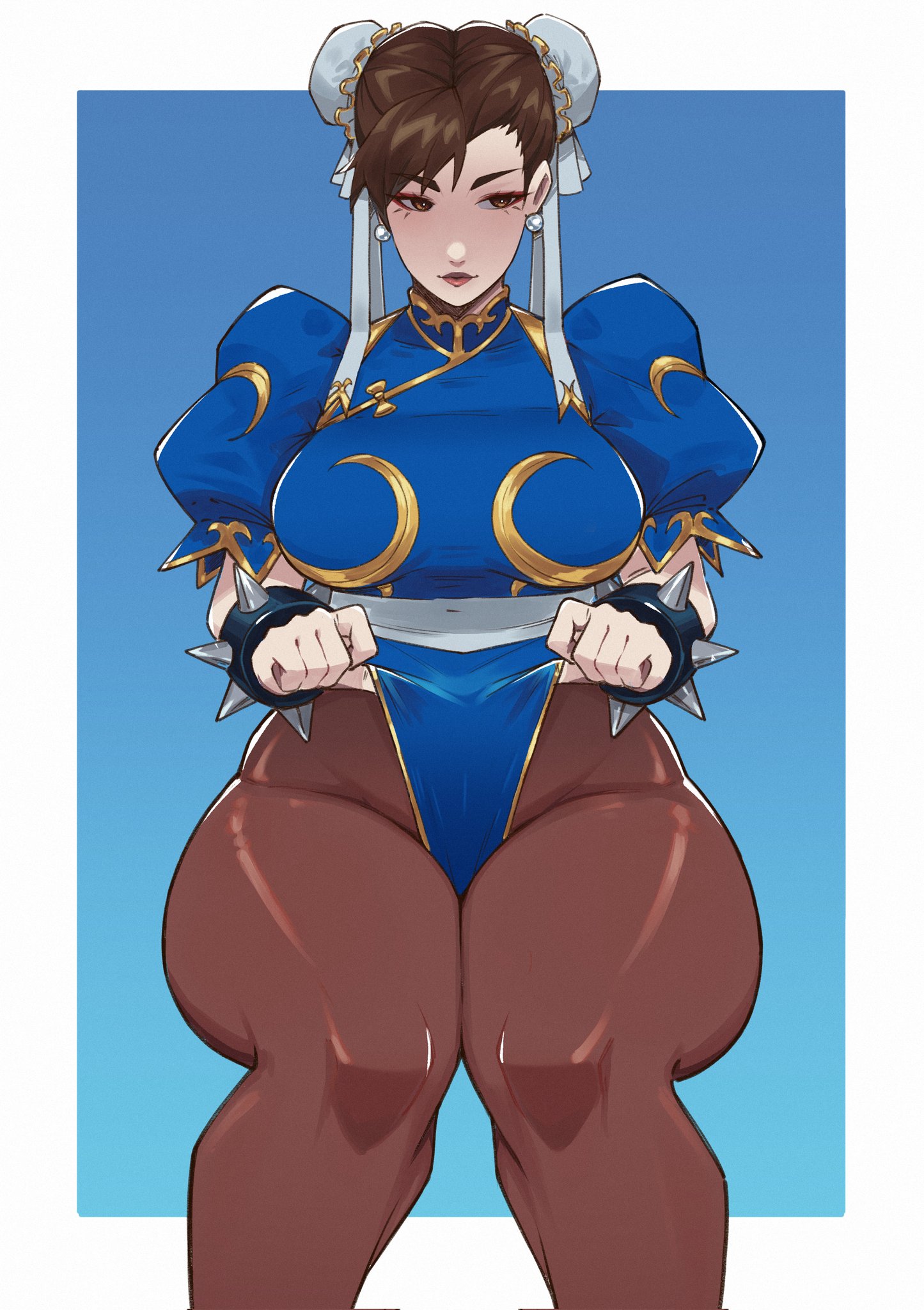 1girls, aneurysm ax, blue background, blue dress, border, bracelet, breasts, brown eyes, brown hair, brown pantyhose, bun cover, capcom, china dress, chinese clothes, chun-li, closed mouth, clothes lift, commentary, cropped legs, double bun, dress, earrings, gold trim, hair bun, highleg, highleg leotard, highres, jewelry, large breasts, leotard, lifting own clothes, lips, looking to the side, makeup, pantyhose, pelvic curtain, puffy short sleeves, puffy sleeves, sash, short hair, short sleeves, simple background, sitting, solo, spiked bracelet, spikes, street fighter, street fighter ii, thick thighs, thighs, untranslatable commentary, white border