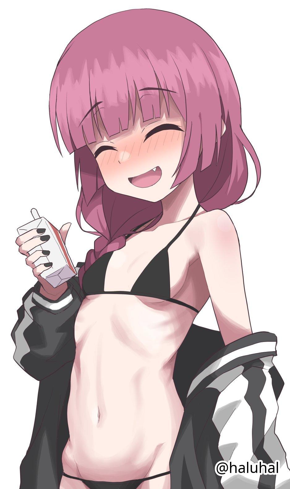 1girls, 2d, 2d (artwork), 2d artwork, adult, adult female, bare armpits, bare belly, bare chest, bare hands, bare midriff, bare navel, bare shoulders, bare skin, belly, belly button, bikini, bikini bottom, bikini top, black bikini, black bikini bottom, black bikini top, black coat, black fingernails, black jacket, black nail polish, black nails, black swimsuit, black swimwear, blunt bangs, bocchi the rock!, braid, braided hair, braided ponytail, braids, breasts, closed yes, coat, digital, digital art, digital drawing, digital drawing (artwork), digital media, digital media (artwork), drawing, drugged, drunk, drunk blush, drunk female, drunken eyes, exposed armpits, exposed belly, exposed chest, exposed midriff, exposed navel, exposed shoulders, exposed skin, eyebrows visible through hair, female, female focus, female only, fingernails, fingers, halterneck, haluhal, head tilt, high resolution, highres, hiroi kikuri, inframammary fold, inguinal crease, inguinal ligament, jacket, lean figure, linea alba, long hair, mature, mature female, midriff, nail polish, nails, narrow waist, navel, open coat, open jacket, open mouth, open mouth smile, parted lips, petite, petite body, petite breasts, petite female, petite girl, petite tits, ponytail, purple hair, purple-haired female, sharp teeth, simple background, single braid, skinny, skinny female, skinny girl, skinny waist, slender body, slender waist, slim female, slim waist, small breast, small breasts, smile, smiley face, smiling, smiling at viewer, solo, standing, stomach, string bikini, swimsuit, swimwear, tilted head, tiny breasts, tongue, upper body, white background