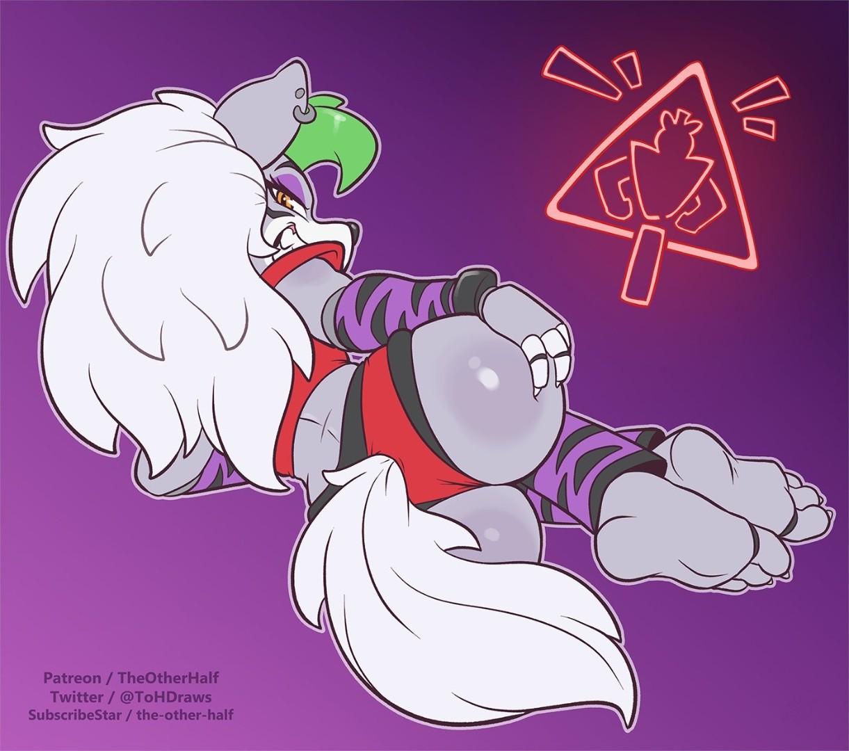 anthro, ass, bubble ass, bubble butt, feet, five nights at freddy's, five nights at freddy's: security breach, furry, hand on ass, laying on side, looking back, roxanne wolf (fnaf), showing ass, showing off, smiling, smiling at viewer, solo, tail, the other half, theotherhalf, thong