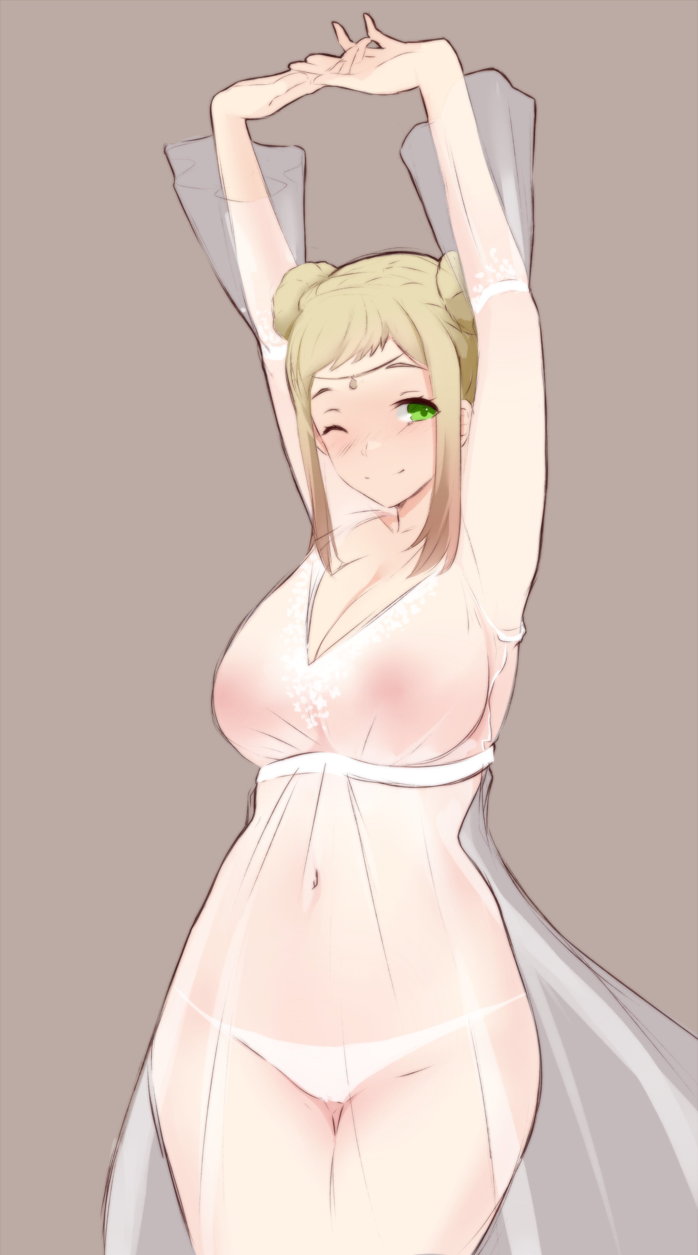1girls, alternate costume, arms up, bare thighs, blonde hair, breasts, dress, female, female only, fire emblem, fire emblem heroes, green eyes, henriette (fire emblem), large breasts, looking at viewer, mature, mature female, milf, multicolored hair, nightgown, nintendo, nipples, panties, ryumi-gin, see-through, short hair, smile, solo, stretching, thighs, white panties