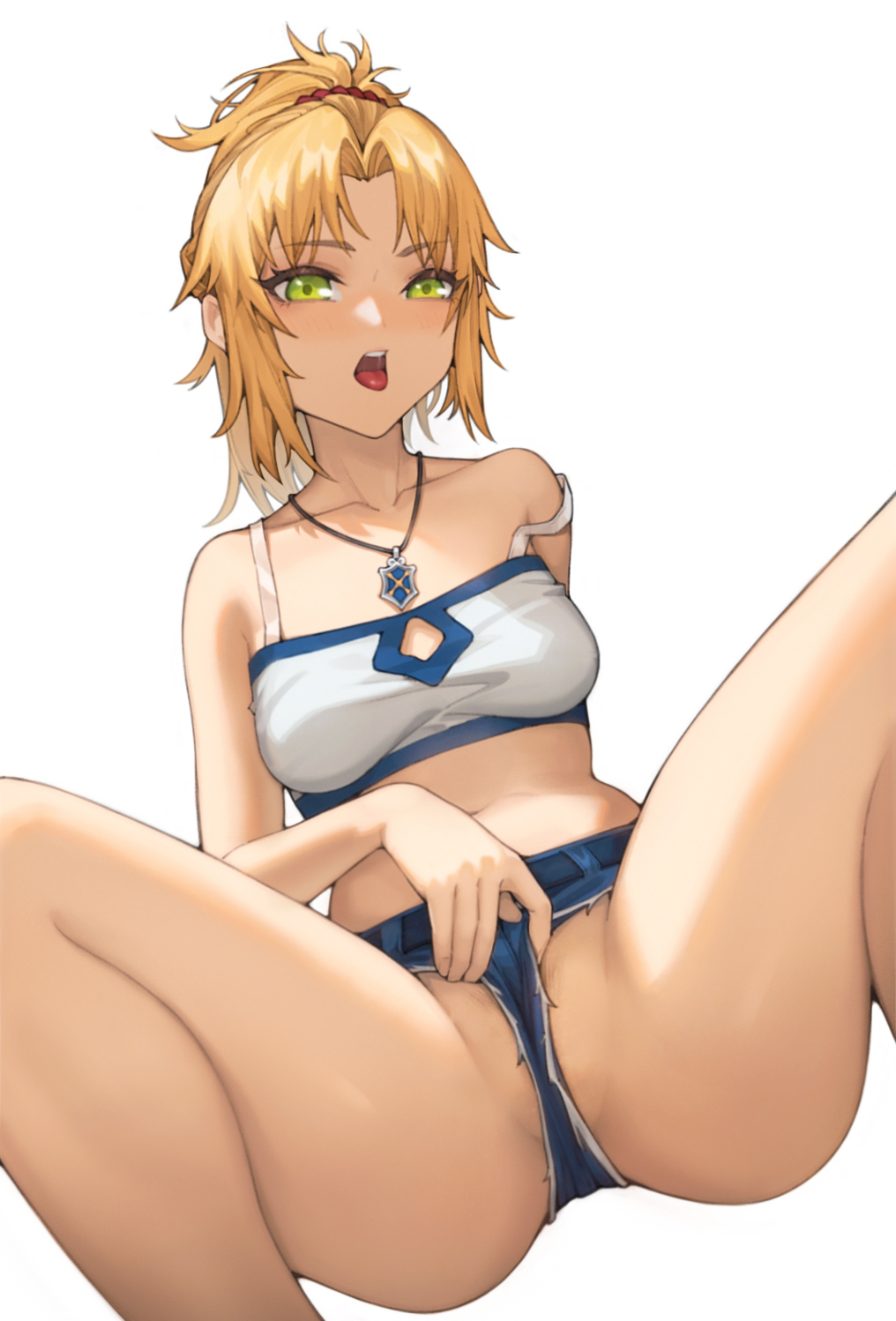 belt, blonde hair, collarbone, dutch angle, fate (series), fate/grand order, feet out of frame, female, green eyes, highres, jewelry, kirikiri, looking at viewer, midriff, mordred (fate), mordred (fate/apocrypha), navel, necklace, off shoulder, parted lips, ponytail, saliva, saliva trail, scrunchie, shorts, sitting, solo, spread legs, wedgie