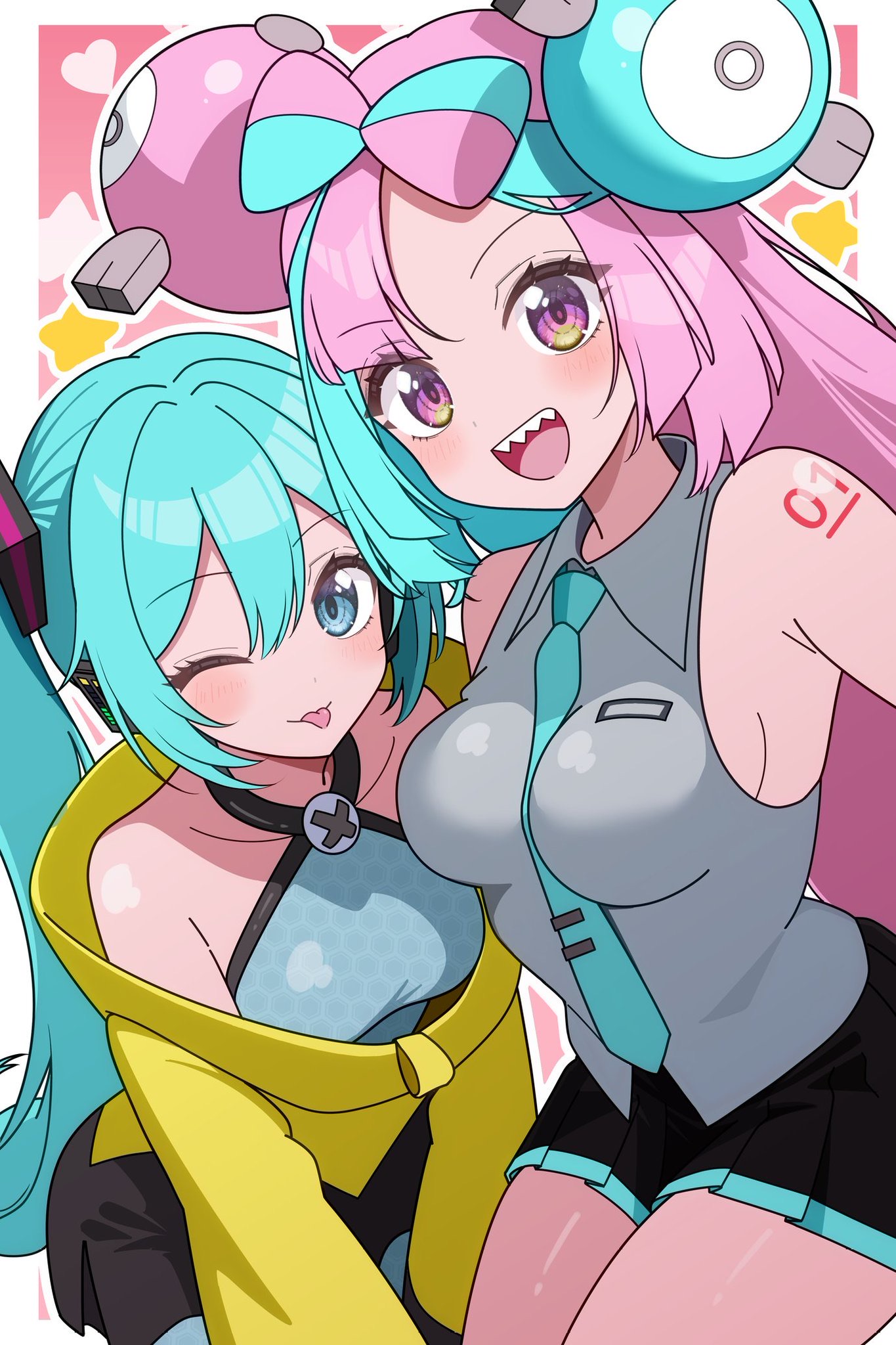 2girls, aqua hair, bangs, big breasts, black skirt, black tie, blue eyes, bow-shaped hair, breasts, character hair ornament, collaboration, cosplay, costume switch, crossover, cyan hair, grey shirt, hair ornament, hatsune miku, hatsune miku (collared bikini), heart, huge breasts, iono (pokemon), iono (pokemon) (cosplay), jacket, long hair, looking at viewer, multicolored hair, multiple girls, necktie, one eye closed, open mouth, oversized clothes, pink eyes, pink hair, pokemon, pokemon sv, sharp teeth, shirt, skirt, sleeveless, sleeveless shirt, sleeves past fingers, sleeves past wrists, smile, split-color hair, star, teeth, thighs, tongue, tongue out, twintails, two-tone hair, very long hair, very long sleeves, vocaloid, wink, x, yellow clothes, yellow eyes, yellow jacket