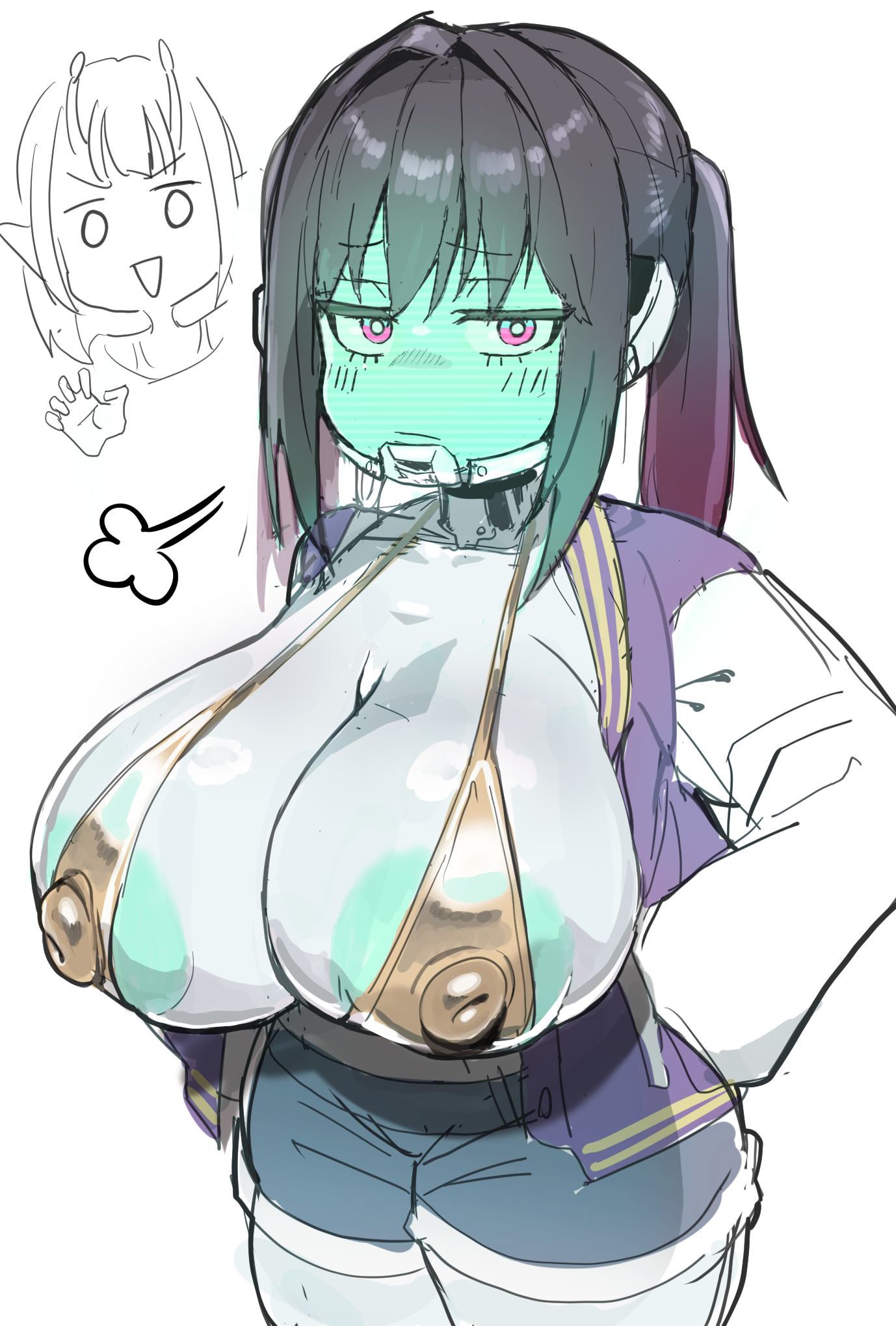 2girls, areolae, bikini, black hair, blue shorts, breasts out, colored nipples, colored skin, covered nipples, female, gold bikini, green nipples, hand on own hip, huge breasts, jacket, jitome, koruchika, kujo chiharu, kurusu makina, kurusu makina (milky galactic universe), mechanical neck, milky galactic universe, milky subway: the galactic limited express, nipples, nmti col, open jacket, purple eyes, purple hair, purple jacket, robot, robot girl, robot joints, solo focus, twintails, white skin, white sleeves