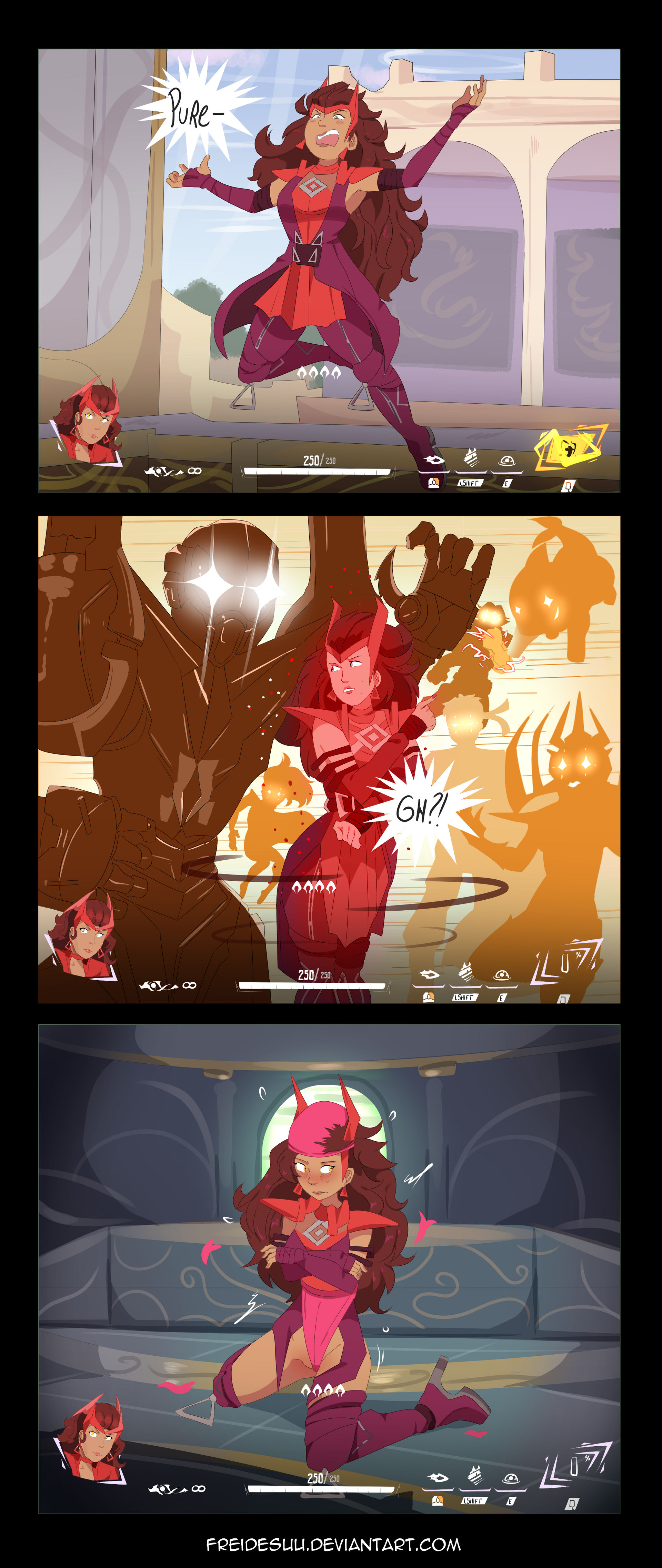2d, 3 panel comic, atomic wedgie, bullying, clothing removed, comic, defeated, defeated heroine, dialogue, embarrassed, embarrassed female, forced presentation, forced submission, freidesuu, game ui, health bar, hela, hela (marvel rivals), humiliated, humiliating, humiliation, iron fist (marvel rivals), jeff the land shark, marvel, marvel rivals, multiple doms, multiple doms one sub, on knees, partially clothed, peni parker, peni parker (marvel rivals), pink panties, ripped panties, scarlet witch, scarlet witch (marvel rivals), skirt removed, superheroine, user interface, wanda maximoff, wedgie, wedgie fetish, wedgied female