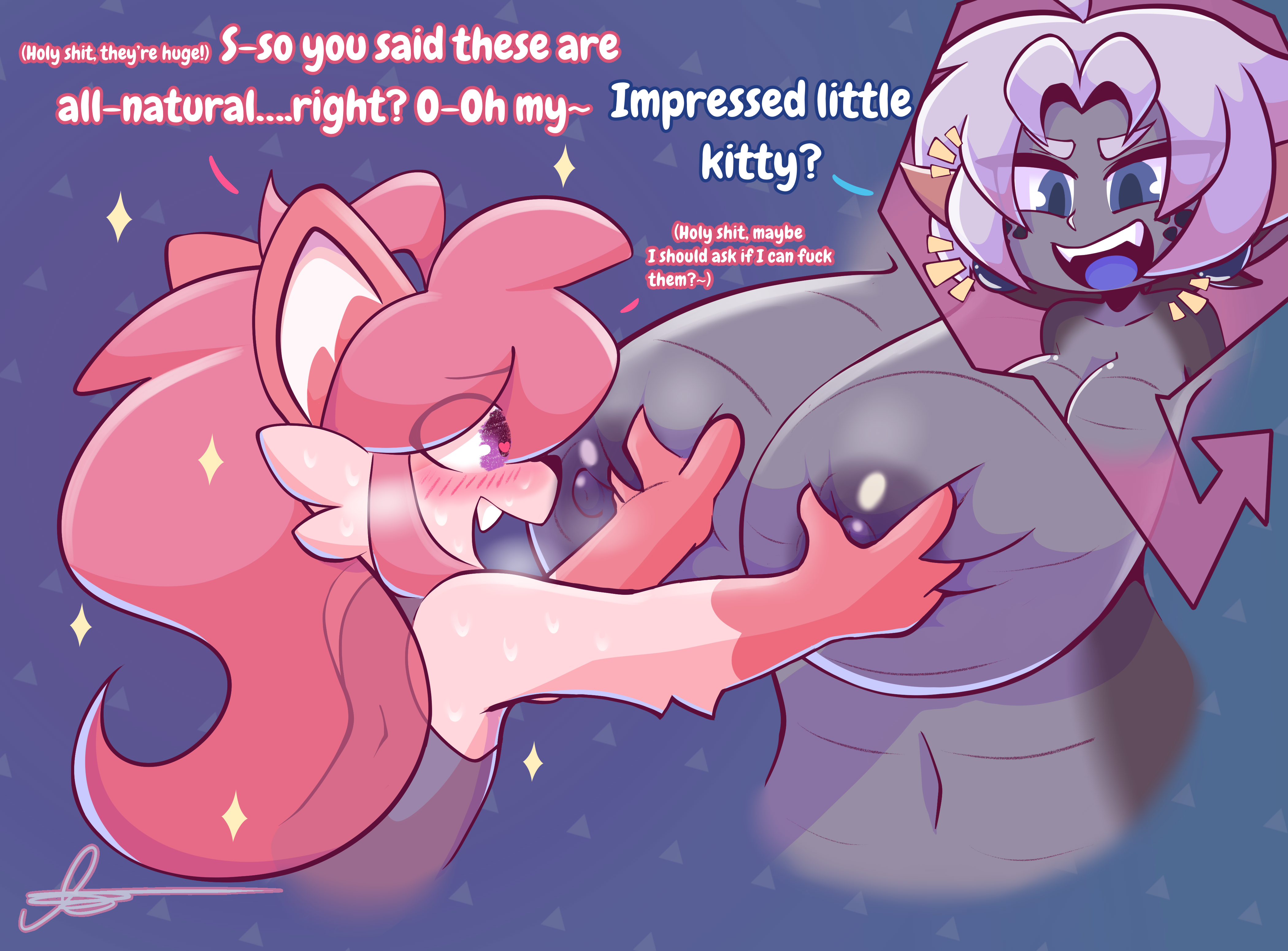 1boy, 1girls, absurd res, ahoge, animal humanoid, anthro, anthro on anthro, areola, big breasts, big ears, black body, blue eyes, blue tongue, blush, bodily fluids, breast awe, breast grab, breast size talk, breast squish, breasts, breath, cheek tuft, clothed, clothing, dialogue, digital media (artwork), dragon, dragon humanoid, duo, ear piercing, ear ring, english text, facial tuft, fangs, felid, feline, felis, female, female anthro, femboy, femboy on female, fur, giggle, grey body, hair, hand on breast, heart, hi res, holding breast, horn, huge breasts, humanoid, kurus, laugh, long hair, male, male anthro, mammal, multicolored body, multicolored fur, mythological creature, mythological scalie, mythology, navel, nipples, nude, offscreen character, open mouth, panting, piercing, pink body, pink fur, profanity, purple eyes, scales, scalie, shiori (kurus), simple background, size talk, smile, sparkles, squish, straight, sweat, teeth, text, tongue, topwear, tuft, two-tone body, uncensored