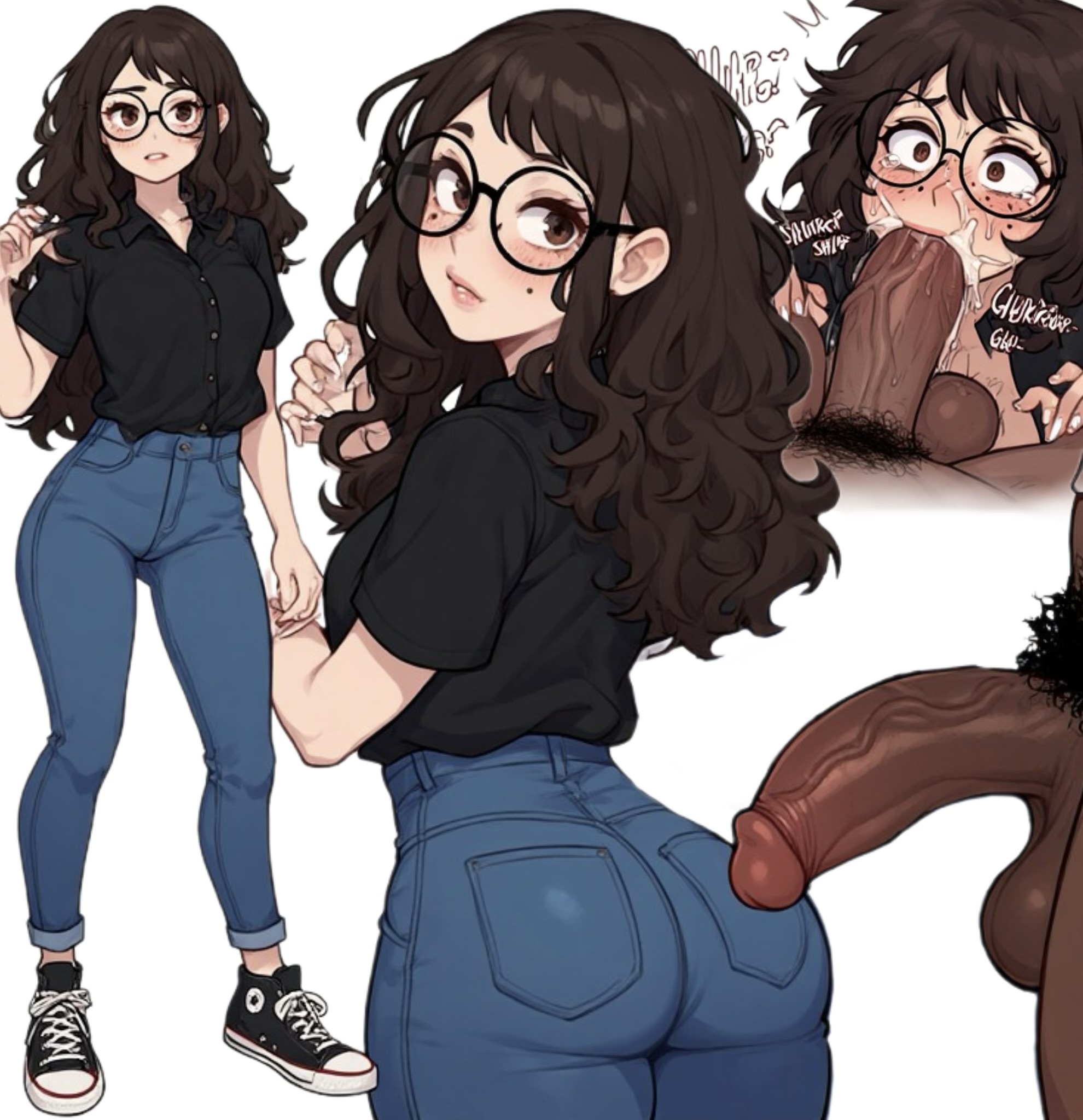 ai generated, ass, ass focus, blowjob, brown eyes, brown hair, bubble ass, butt focus, buttjob, circle glasses, cute face, dark-skinned male, female, geek, glasses, interracial, jeans, kyokalovesxo, light skin, light-skinned female, male, moles, nerd, nerdy, nerdy female, oral sex, pale-skinned female, petite, petite body, petite female, rough oral, round butt, shoulder length hair, skinny, sloppy blowjob, small breasts, tight clothing, tight jeans, young, younger female