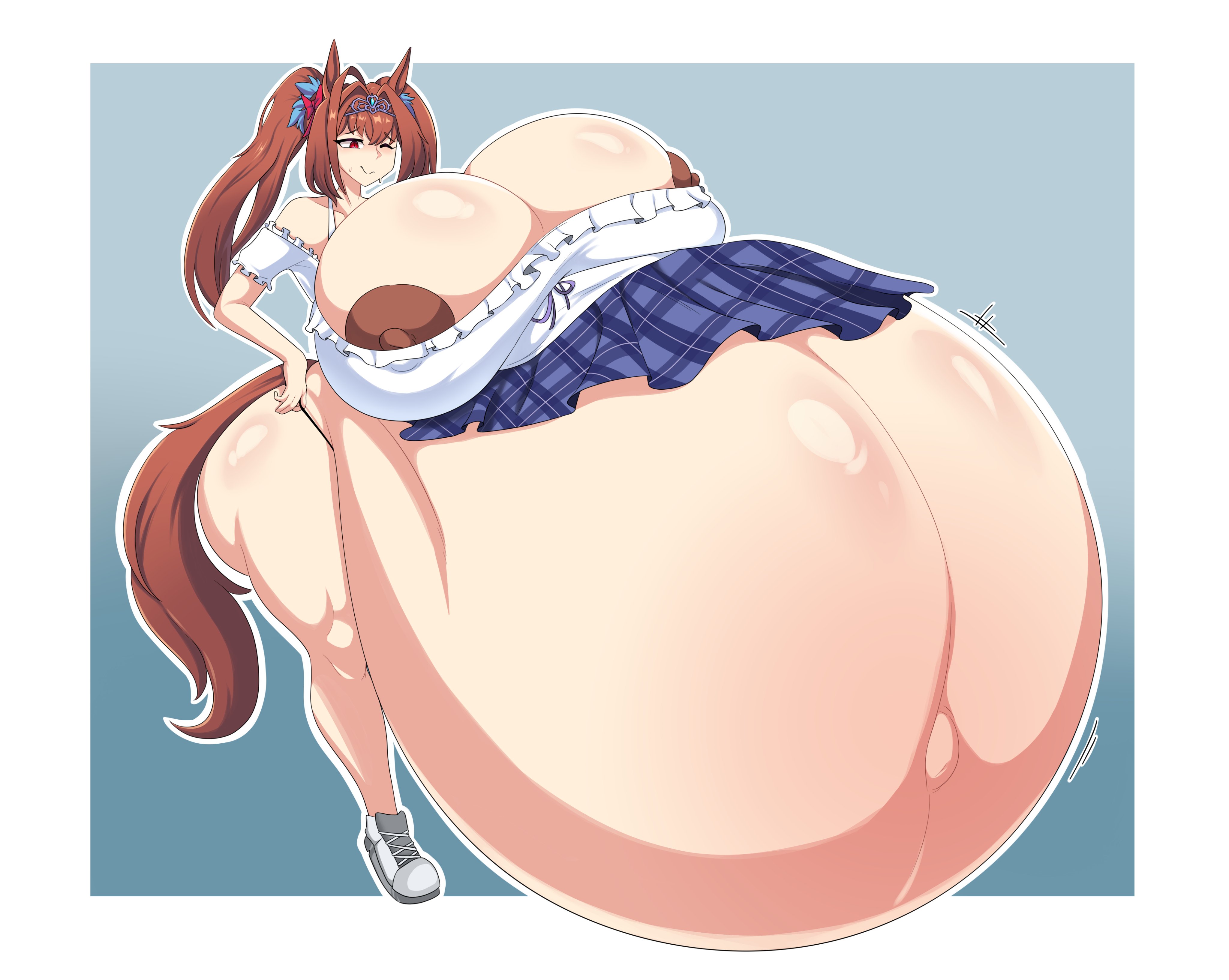 1girls, artist request, belly bigger than body, big areola, big nipples, breasts bigger than head, breasts bigger than torso, clothed, daiwa scarlet (casual) (umamusume), daiwa scarlet (umamusume), gigantic belly, gigantic breasts, huge ass, huge breasts, hyper, hyper belly, hyper pregnancy, massive belly, pregnant, solo, sweat, umamusume, umamusume pretty derby, wardrobe malfunction