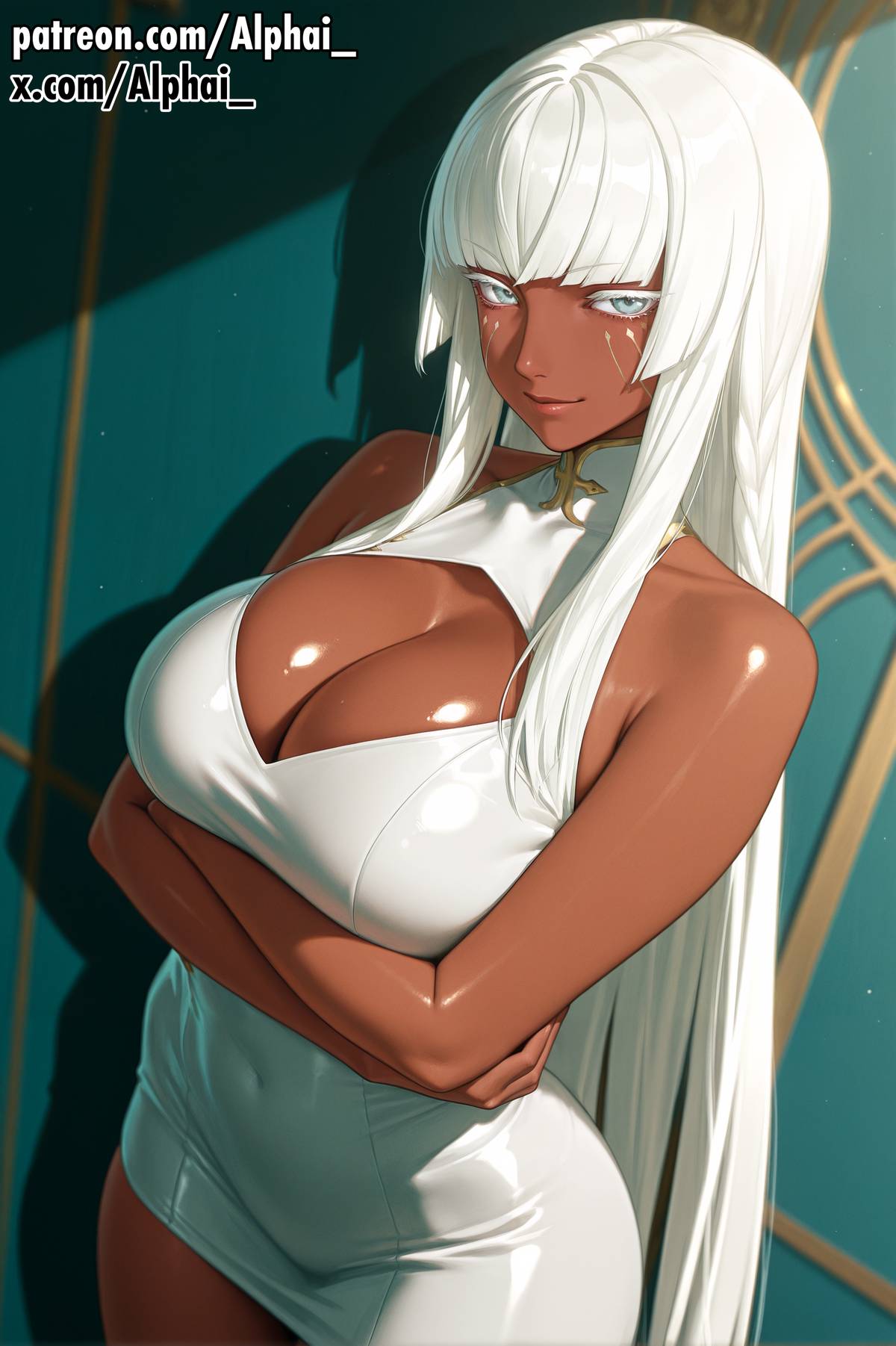 1girls, 2025, 2026, absurd res, absurdres, ai generated, alphai, atlus, bangs, blunt cut, blush, blush lines, bodycon dress, brigitta lycaon, cinematic lighting, cleavage, colorful background, crossed arms, dark skin, dark-skinned female, depth of field, detailed background, detailed hair, detailed skin, dramatic shadows, dynamic angle, face paint, facial markings, female, female only, full body, grey eyes, high quality, high resolution, highres, hime cut, huge breasts, large breasts, large butt, metaphor refantazio, metaphor: refantazio, naughty face, shiny skin, side view, skindentation, sleeveless dress, solo, straight hair, tan, thick thighs, tight dress, tough expression, turtleneck dress, upper body, very long hair, volumetric lighting, white dress, white eyelashes, white hair, white markings, wide hips