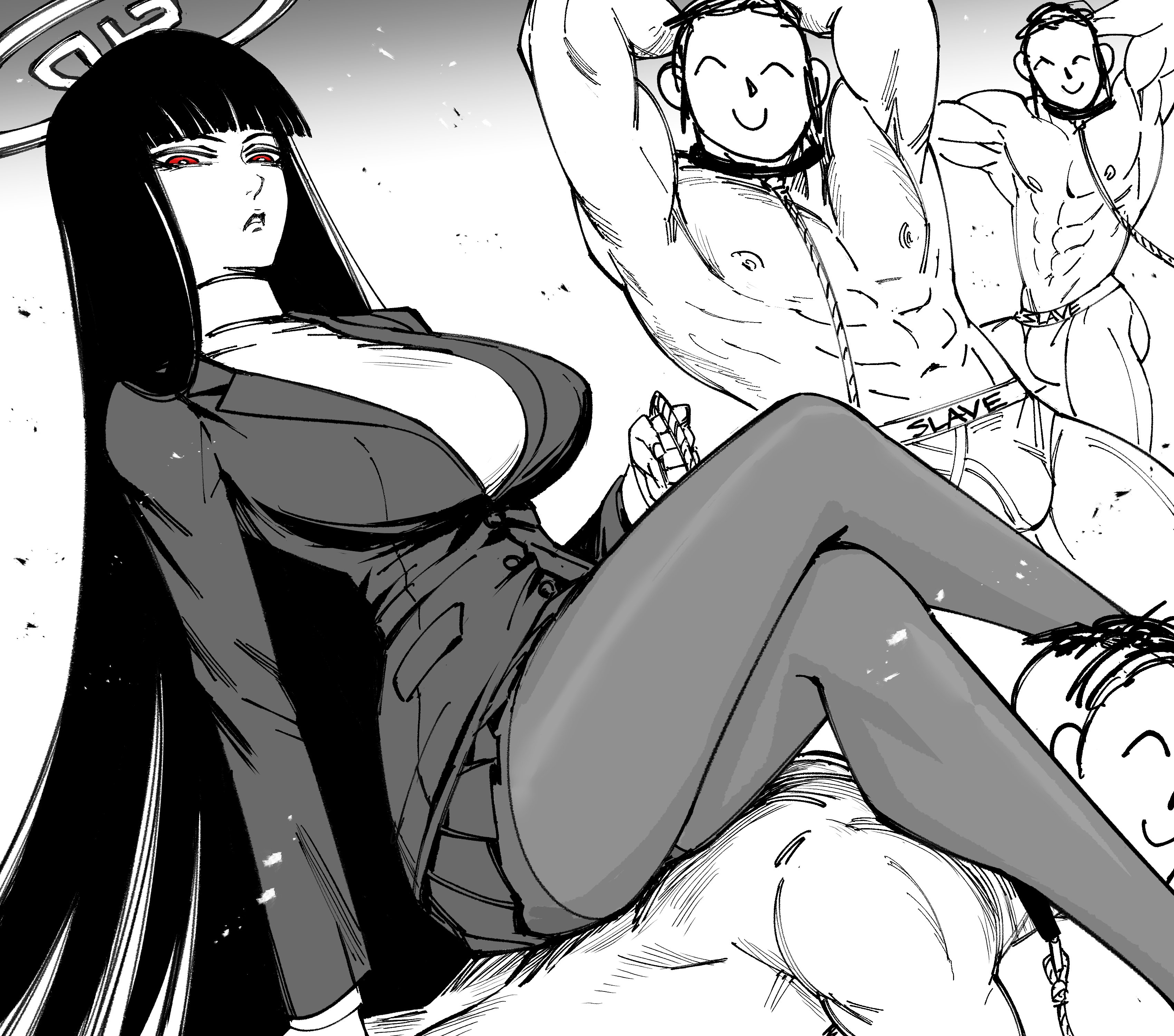 1girls, 3boys, bb (baalbuddy), big breasts, black hair, blue archive, crossed legs, dominant female, female, greyscale, human chair, long hair, looking at viewer, male, muscular, muscular male, pantyhose, red eyes, rio (blue archive), rio tsukatsuki (blue archive), sitting, sitting on person, tagme, tsukatsuki rio, very high resolution