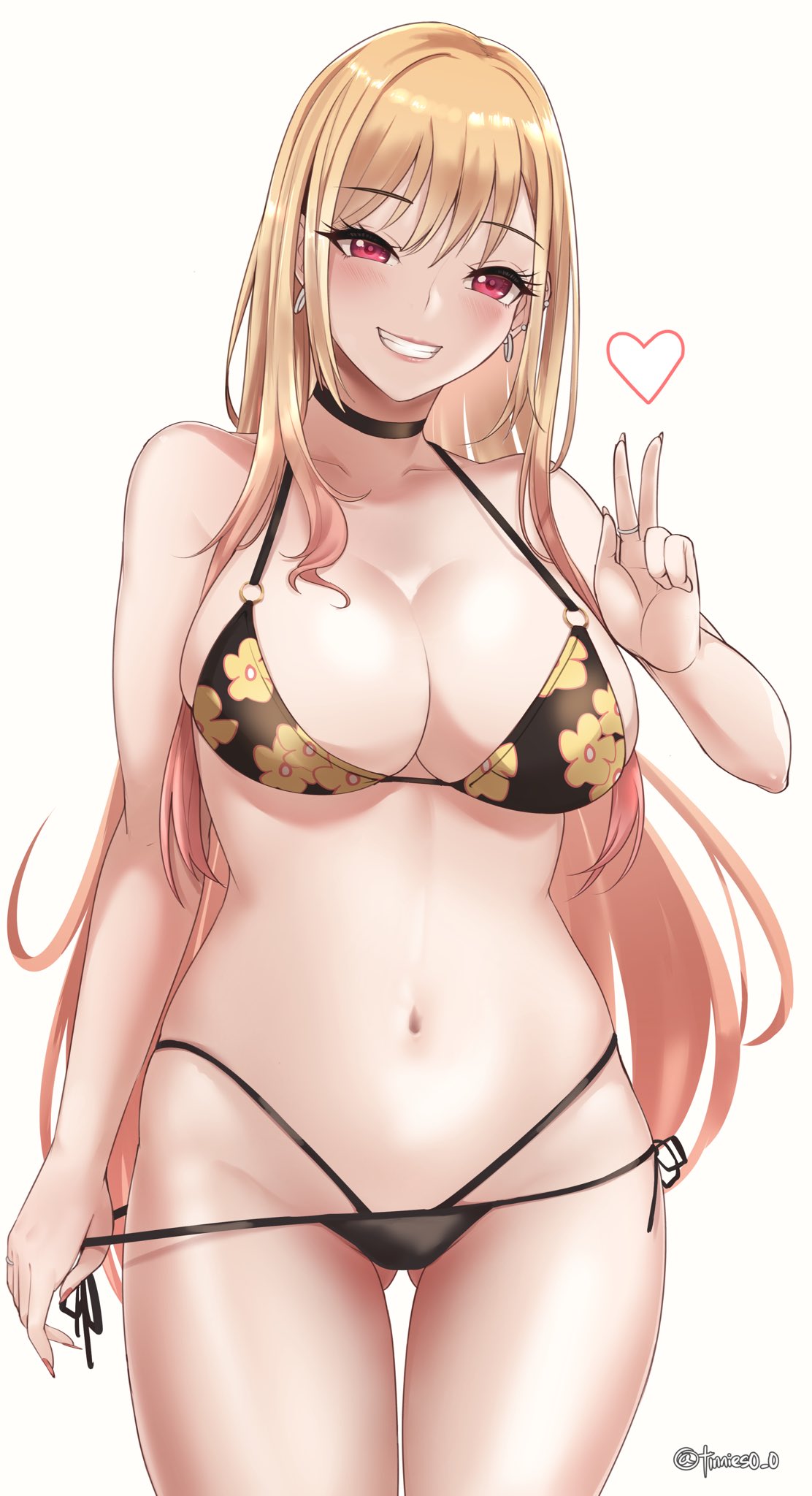 1girls, 2022, bare legs, bikini, black bikini, blonde hair, blush, breasts, cleavage, ear piercing, female, female only, flower pattern, gyaru, hips, huge breasts, kitagawa marin, long hair, looking at viewer, peace sign, red eyes, side-tie bikini, simple background, slim waist, smile, smiling at viewer, sono bisque doll wa koi wo suru, thick thighs, thighs, tinnies, white background, wide hips
