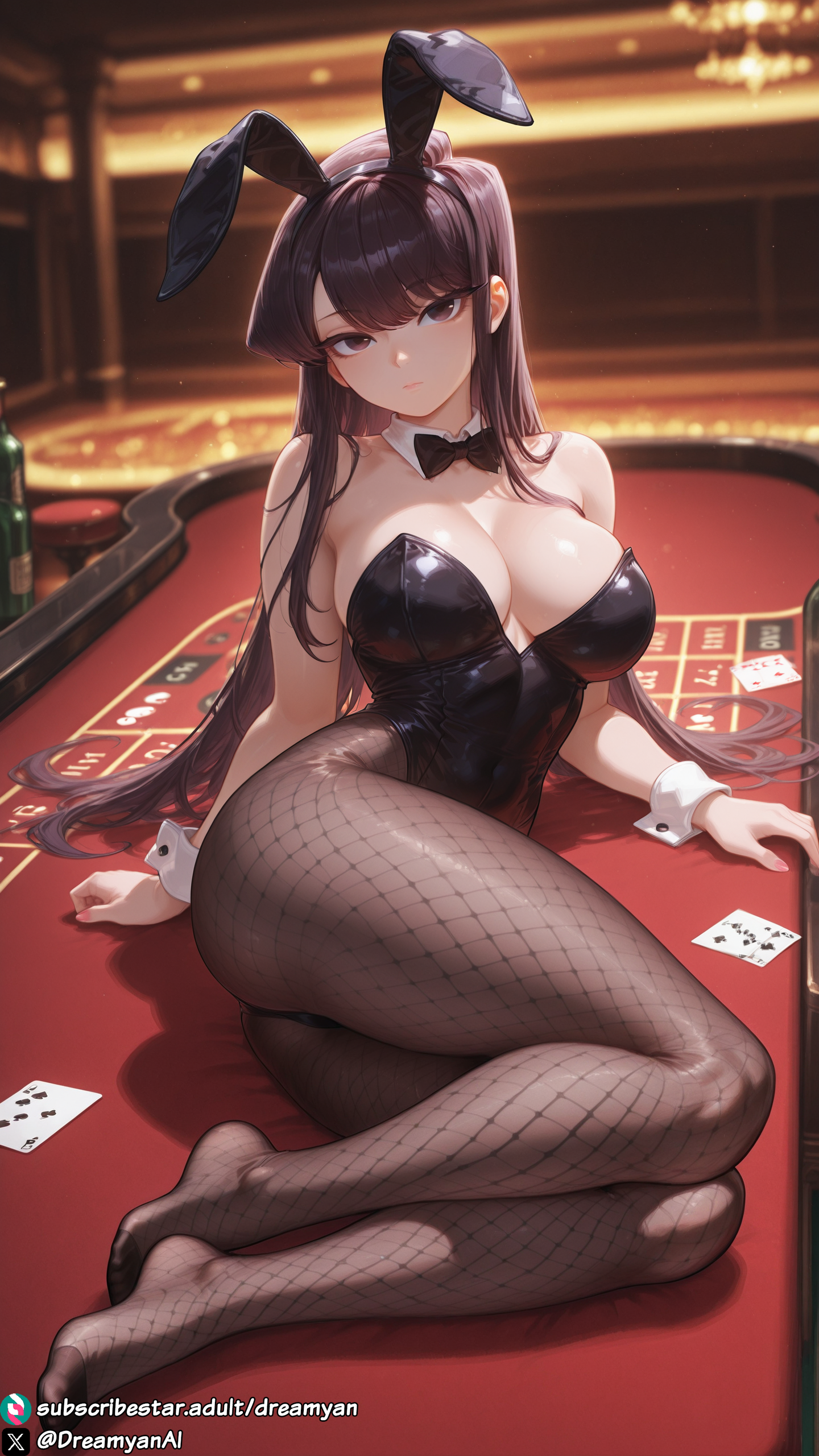 1girls, ai generated, bare shoulders, barefoot, big breasts, black hair, breasts, bunny ears, bunny girl, bunny tail, bunnysuit, closed mouth, clothed, clothed female, curvy, curvy body, curvy female, dark hair, dreamyan ai, feet, female, female focus, female only, fishnets, full body, hi res, high quality, high resolution, highres, komi can't communicate, komi shouko, komi-san wa komyushou desu, large breasts, long hair, looking at viewer, lying, lying on side, on side, pantyhose, purple eyes, purple hair, seductive, seductive eyes, seductive look, seductive mouth, seductive pose, solo, solo female, solo focus, thick ass, thick thighs, thighs, toes, uncensored
