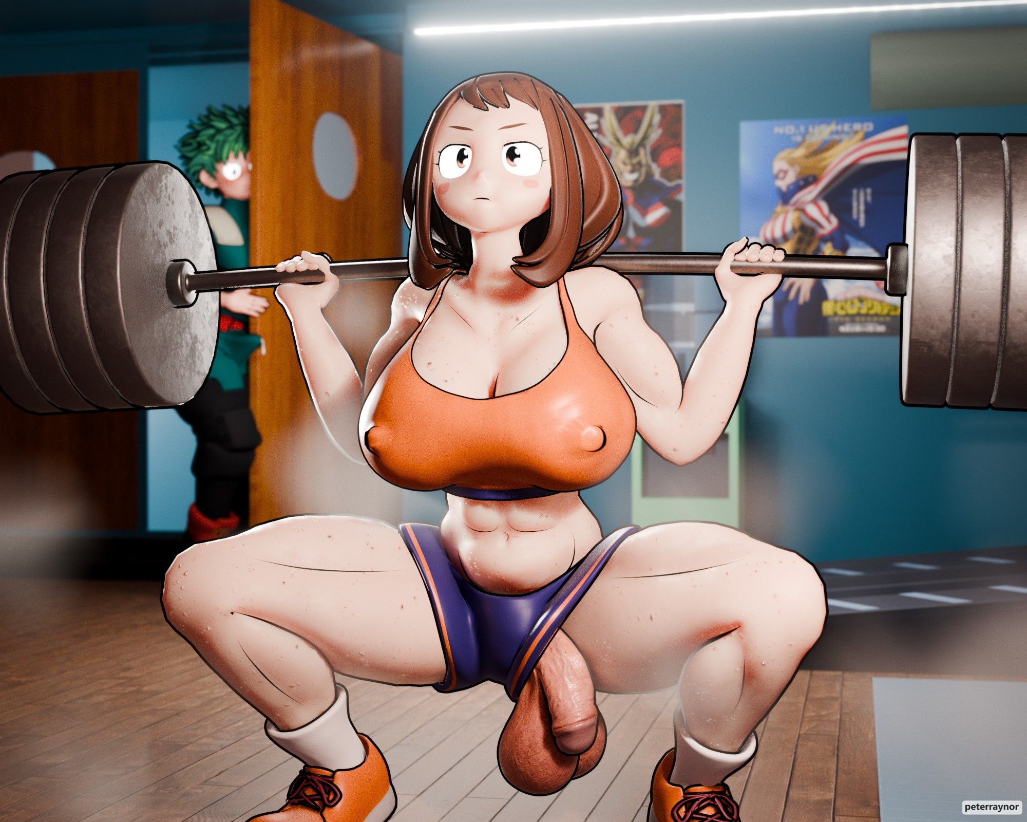 1boy, 1futa, 3d, abs, barbell, big balls, big penis, big thighs, breasts, dick slip, futa only, futanari, izuku midoriya, light-skinned futa, muscular, muscular female, muscular futa, muscular thighs, my hero academia, ochako uraraka, peeping, penis, penis out, penis through leghole, peterraynor, solo, squatting, wardrobe malfunction
