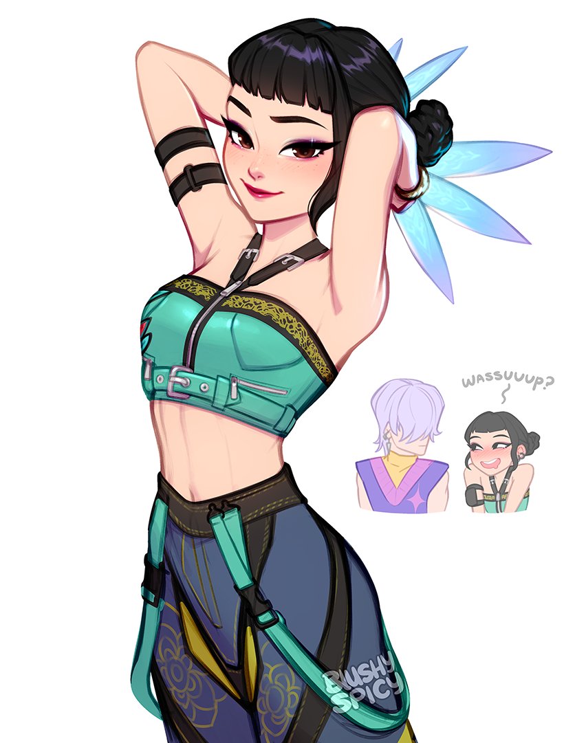 baggy pants, black hair, blushypixy, blushyspicy, canonical scene, clothed, cropped tank top, female, hair buns, kpop demon hunters, mystery (kpop demon hunters), short hair, streetwear, white background, zoey (kpop demon hunters)