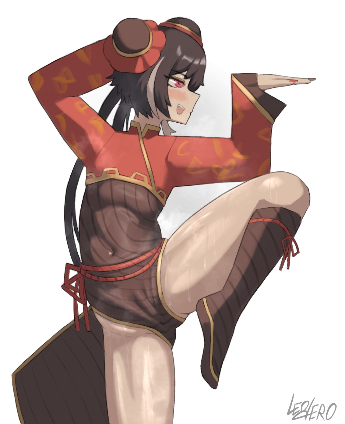 1girls, belly, belly bulge, belly button, breasts, bun cover, chinese clothes, female, female focus, female only, jia xichun (limbus company), leoderorero, limbus company, navel, navel visible through clothes, project moon, side view, small breasts, solo, solo female, solo focus, sweat, sweatdrop, sweating, sweaty, sweaty body, sweaty thighs, tagme, thick, thick thighs, thighs
