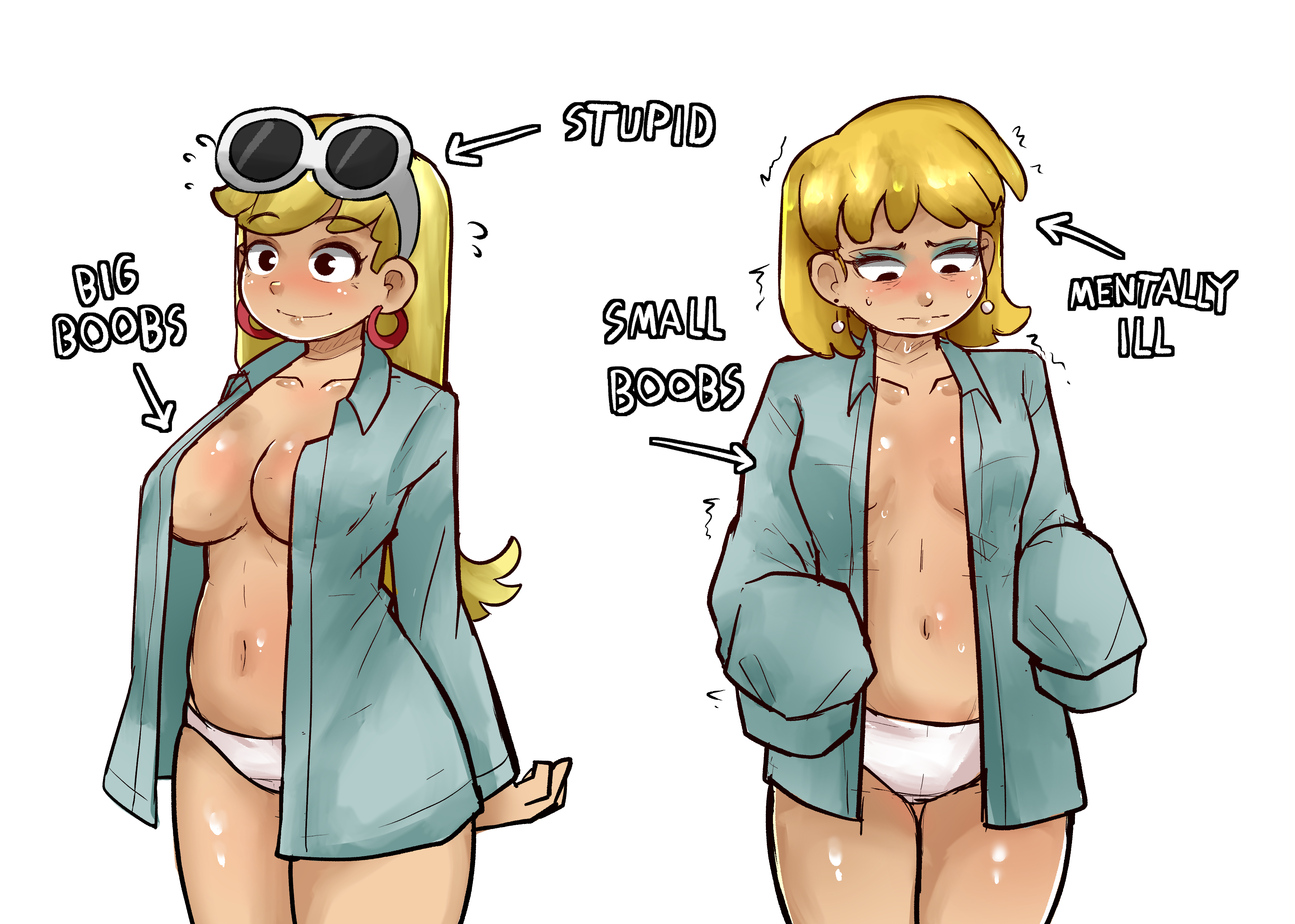 belly button, blonde female, blonde hair, blue eyeshadow, blush, breasts, caption, chinmissouri, cleavage, earrings, eyeshadow, female, female only, front view, frown, large breasts, leni loud, light skin, light-skinned female, long hair, looking down, lori loud, navel, nickelodeon, nicktoons, panties, partially clothed, partially clothed female, short hair, simple background, small breasts, smile, standing, sunglasses, sunglasses on head, teenage girl, teenager, the loud house, white background