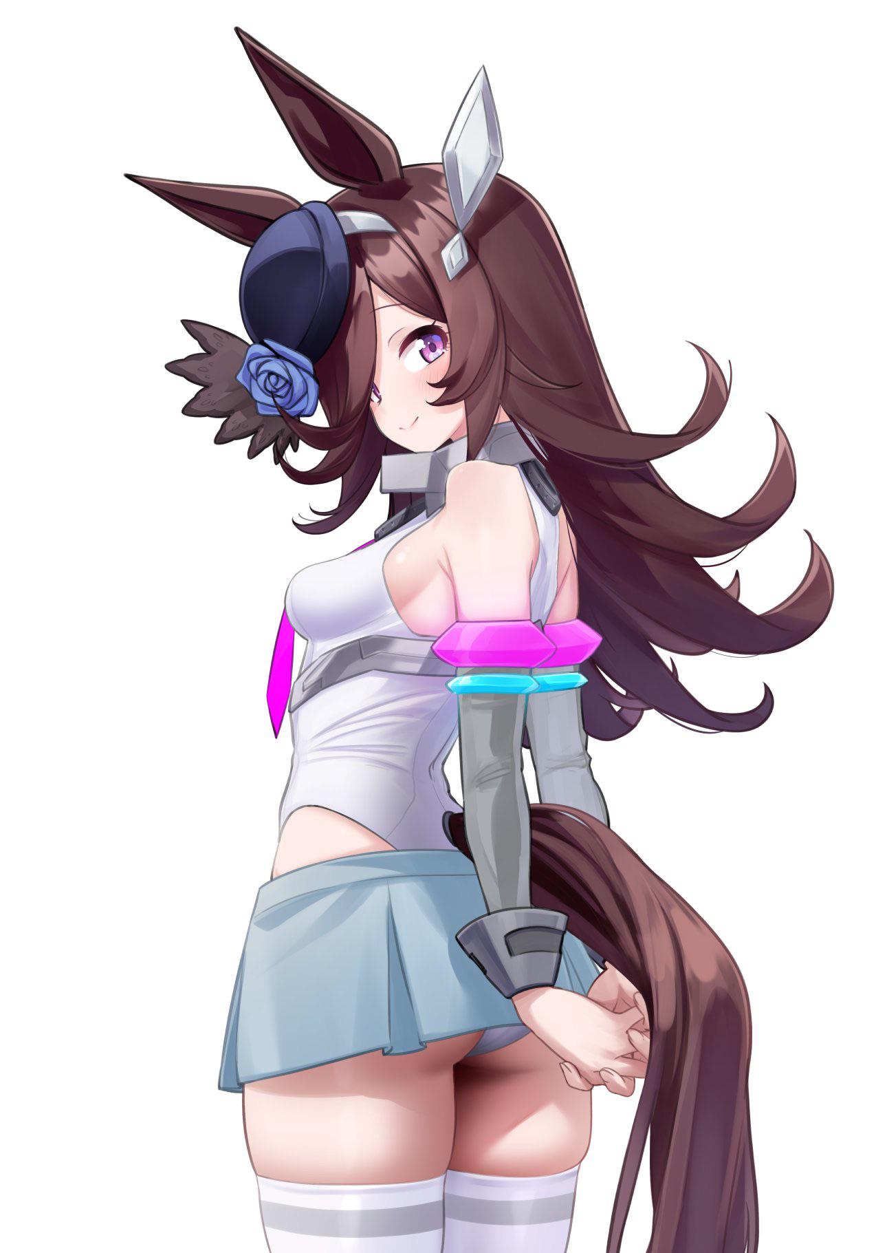 1girls, aged up, animal ears, animal tail, arms behind back, ass, ass visible under skirt, bangs, blue rose, blush, bracelets, breasts, brown hair, collar, ear ornament, eyebrows visible through hair, female, female only, from behind, hair ornament, hat, herohero (higashi no dou), horse ears, horse girl, horse tail, leotard, looking at viewer, mihono bourbon (umamusume) (cosplay), miniskirt, over shoulder, parted bangs, purple eyes, purple hair, rice shower (umamusume), rose, rose (flower), sideboob, skirt, small breasts, smile, smiling, solo, thighhighs, thighs, tie, umamusume, umamusume pretty derby, upskirt, white background, white leotard