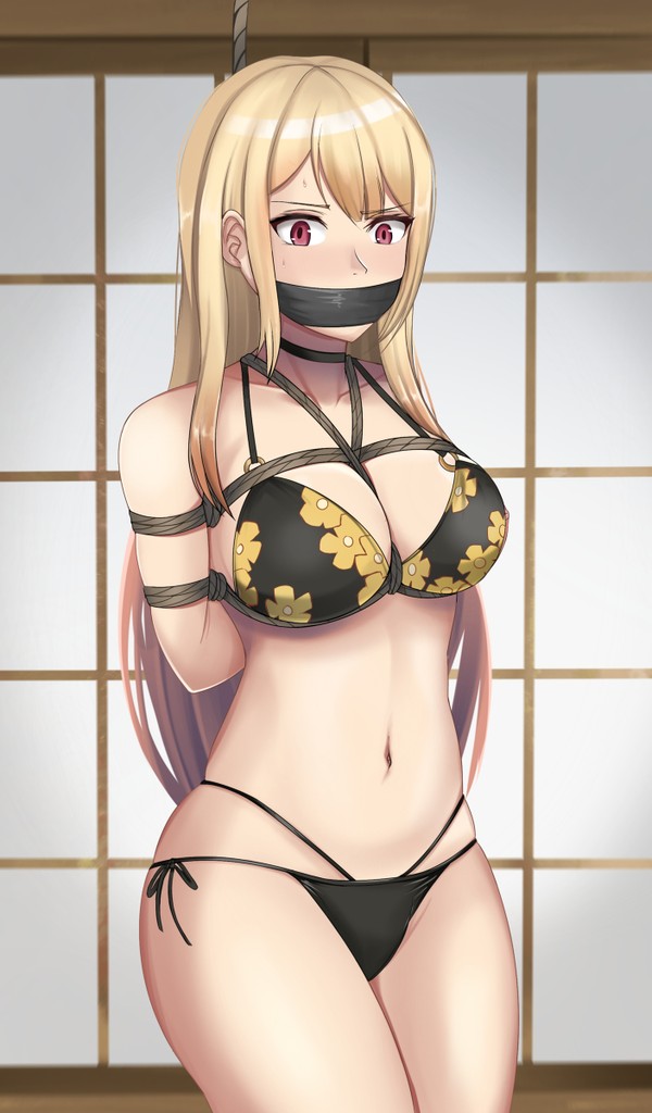 arms_behind_back arms_tied_behind_back big_breasts bikini black_and_yellow_bikini black_panties blonde_hair blush bondage bound bound_arms breasts cleavage female femsub gag gagged gyaru kitagawa_marin large_breasts long_hair looking_at_viewer panties pink_hair restrained rope rope_bondage shibari solo sono_bisque_doll_wa_koi_wo_suru sufawest sweat sweating tape_gag taped_mouth thick_thighs thighs tied_up uncensored underwear very_long_hair worried