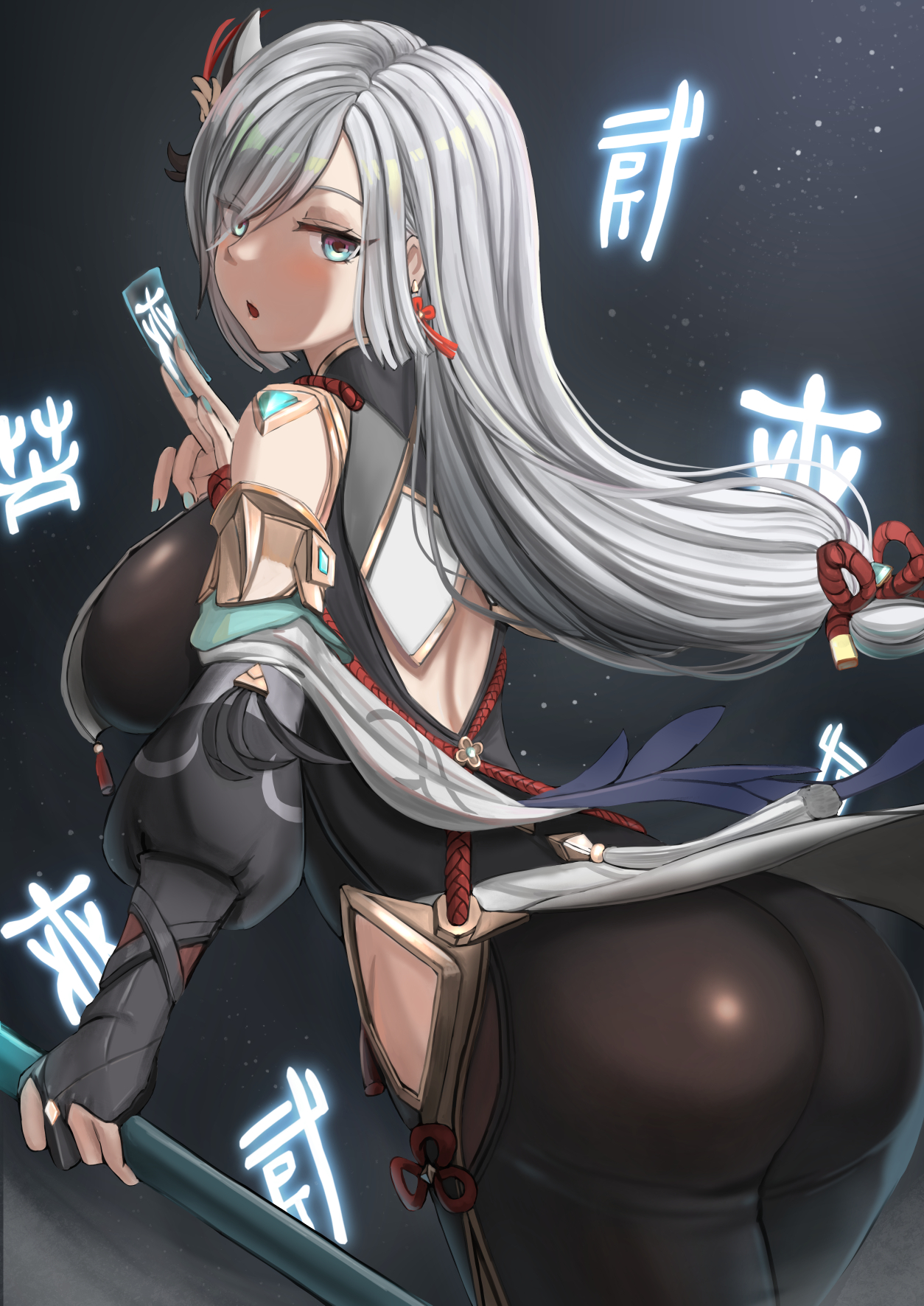 1girls, ass, big ass, big breasts, big butt, blue eyes, breasts, fat ass, female, female only, genshin impact, grey hair, large ass, large breasts, long hair, looking at viewer, looking back, shenhe (genshin impact), silver hair, solo, solo female, sugawara you, thick, thick ass, voluptuous