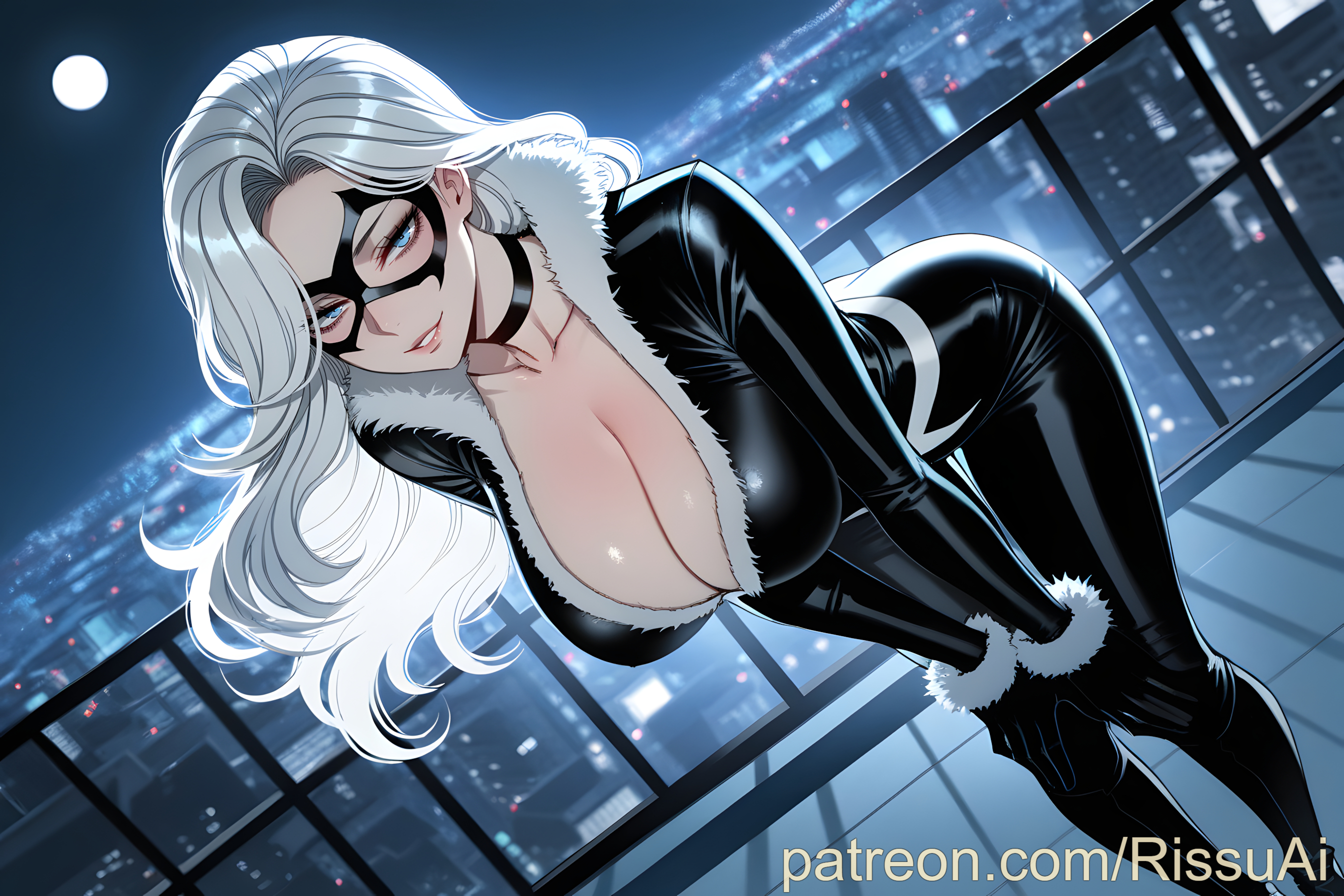 1girls, 2026, ai generated, arched back, big ass, big breasts, black bodysuit, black cat (insomniac), black cat (marvel), black choker, black clothing, black footwear, black gloves, blue eyes, boobs focus, breast focus, breasts, bubble ass, bubble butt, building, buildings, domino mask, felicia hardy, female, female only, fur collar, fur trim, gloves, hair in wind, hands on knees, hi res, high quality, high resolution, highres, horny, horny female, huge ass, huge breasts, leaning forward, long hair, looking at viewer, marvel, marvel comics, night, night city, night sky, patreon, patreon username, perfect ass, perfect body, perfect boobs, perfect legs, rissuai, rooftop, sexy, sexy body, sexy clothing, sexy female, sexy pose, smile, smiling, spider-man (ps4), spider-man (series), spider-man 2 (ps5), white hair