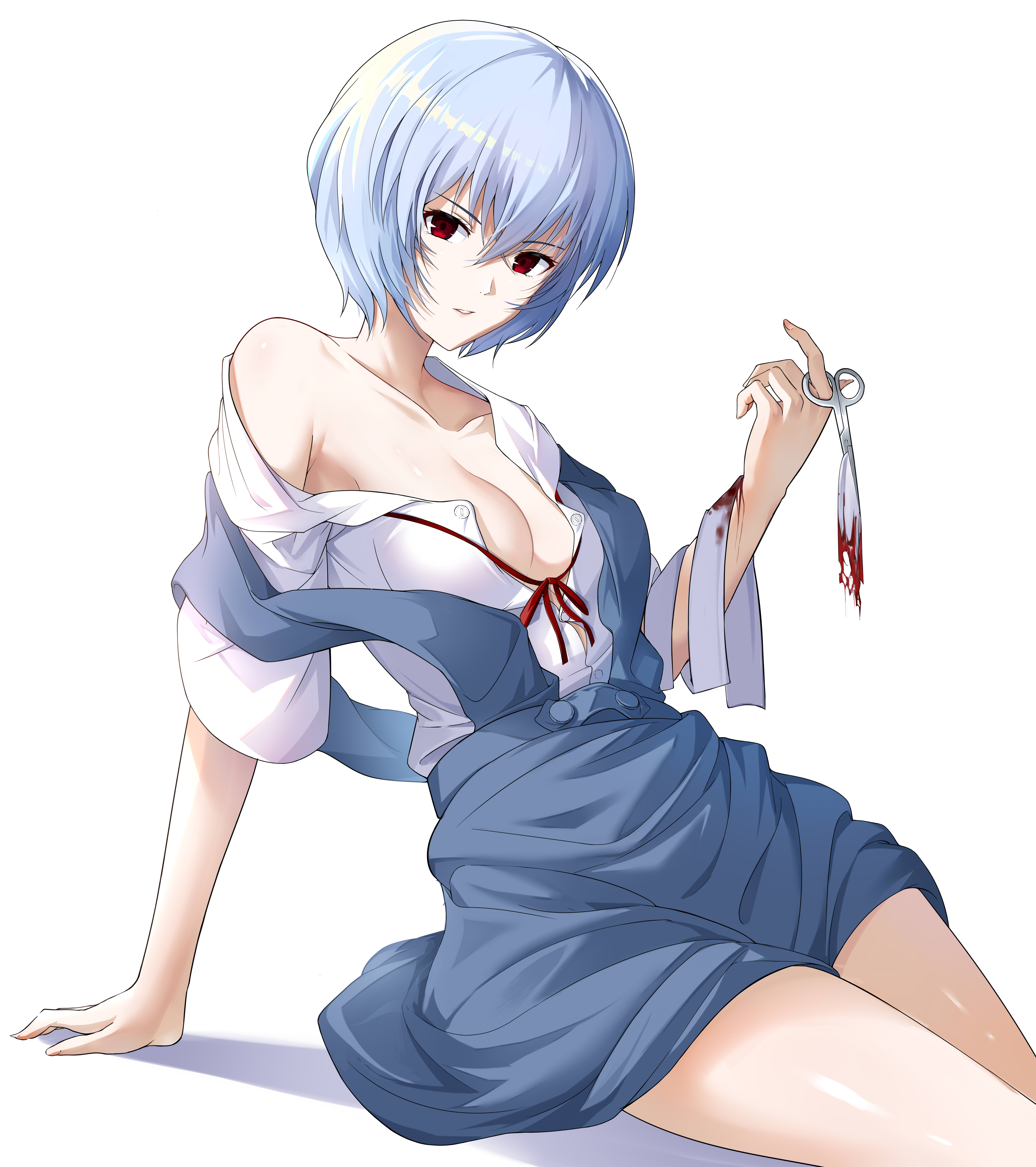 absurd res, bandage, blue hair, breasts, cleavage, clothing, female, geez, hi res, looking at viewer, medium breasts, neon genesis evangelion, red eyes, rei ayanami, school uniform, short hair, skirt, solo, solo female, thighs