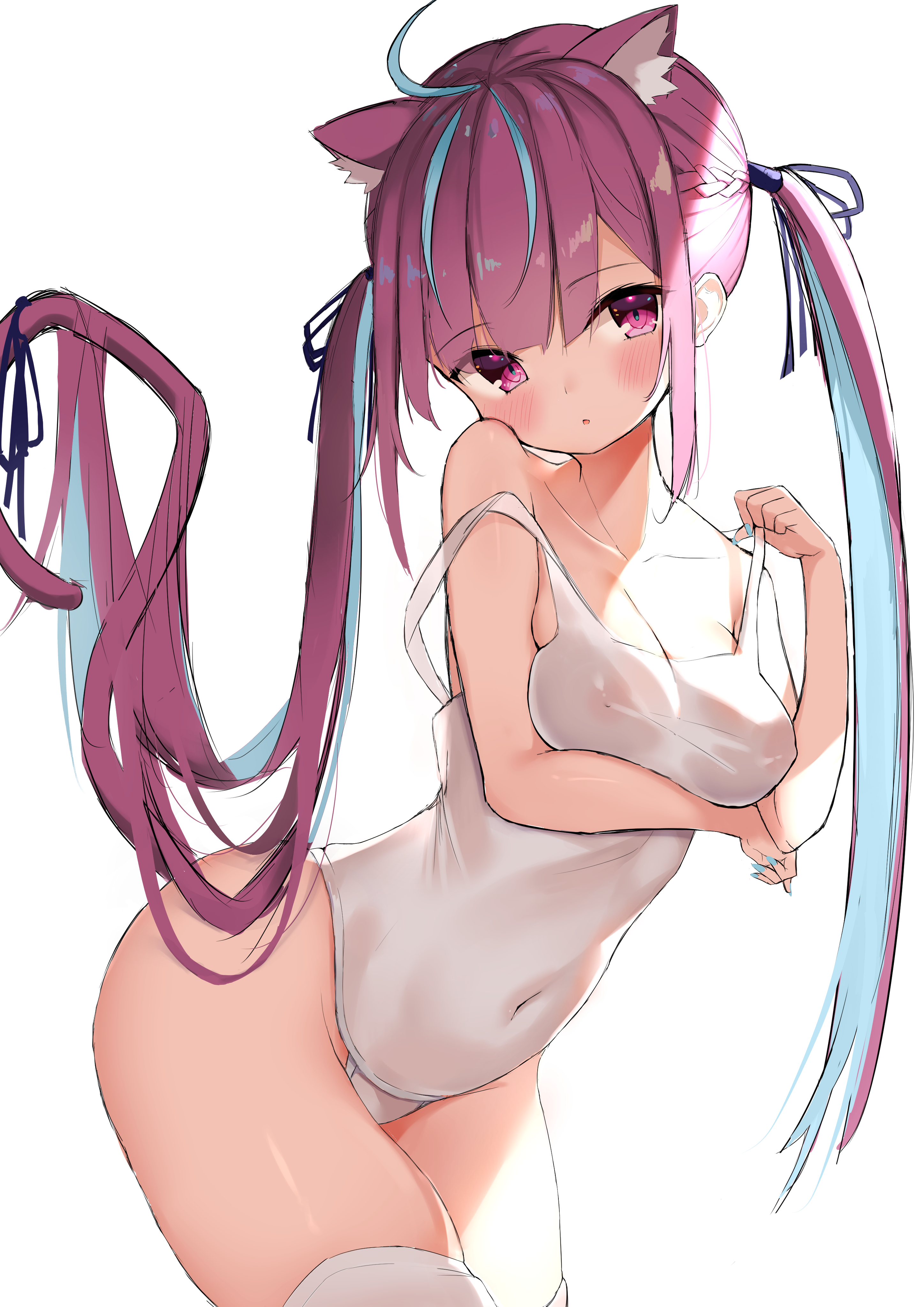absurdres, ahoge, animal ear fluff, animal ears, arm under breasts, bangs, bare shoulders, blue hair, blunt bangs, blush, braid, breasts, cat ears, cat girl, cat tail, cleavage, collarbone, competition swimsuit, covered navel, eyebrows visible through hair, female, hair ribbon, highres, hololive, hololive gen 2, hololive japan, kawa takatoshi, leaning forward, long hair, looking at viewer, medium breasts, minato aqua, multicolored hair, nipples, one-piece swimsuit, parted lips, purple eyes, purple hair, purple ribbon, ribbon, see-through, simple background, solo, strap slip, swimsuit, tail, tail ornament, tail ribbon, thighhighs, twintails, two-tone hair, very long hair, virtual youtuber, white background, white legwear, white swimsuit